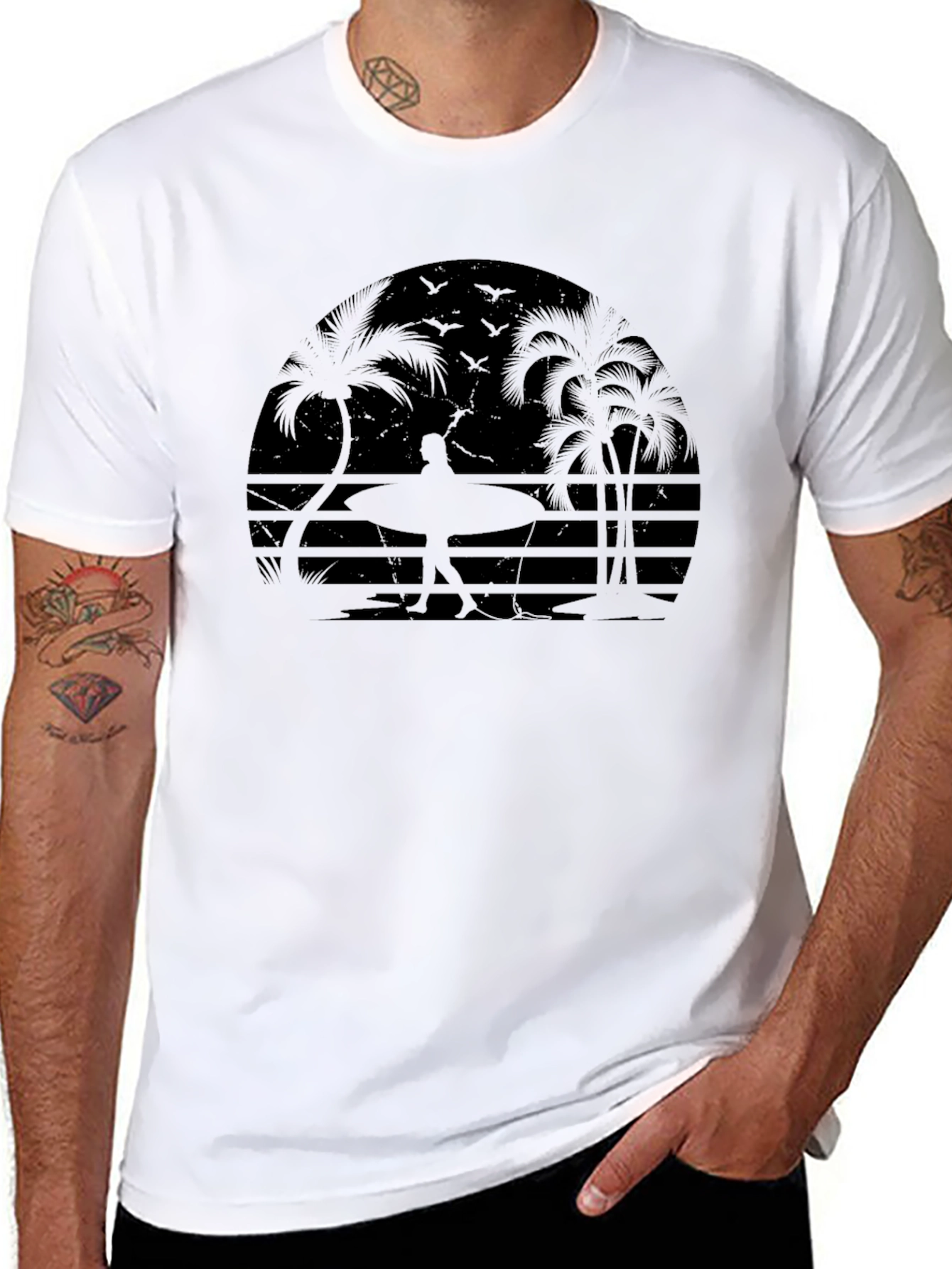 Tropical Silhouette T-Shirt: Beach Surf Design
