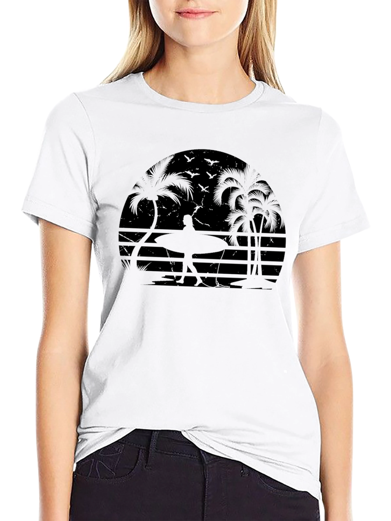 Tropical Silhouette T-Shirt: Beach Surf Design