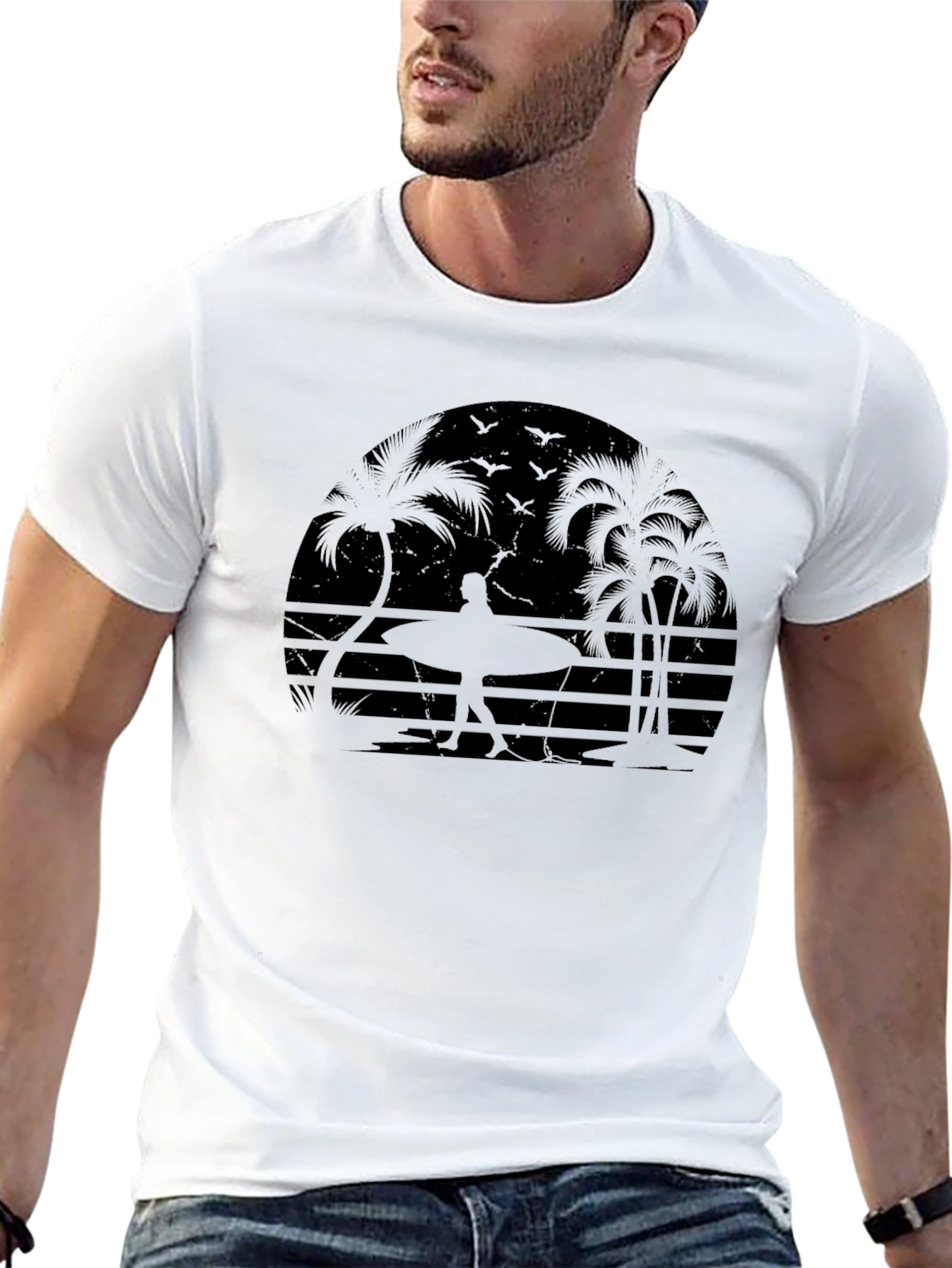 Tropical Silhouette T-Shirt: Beach Surf Design