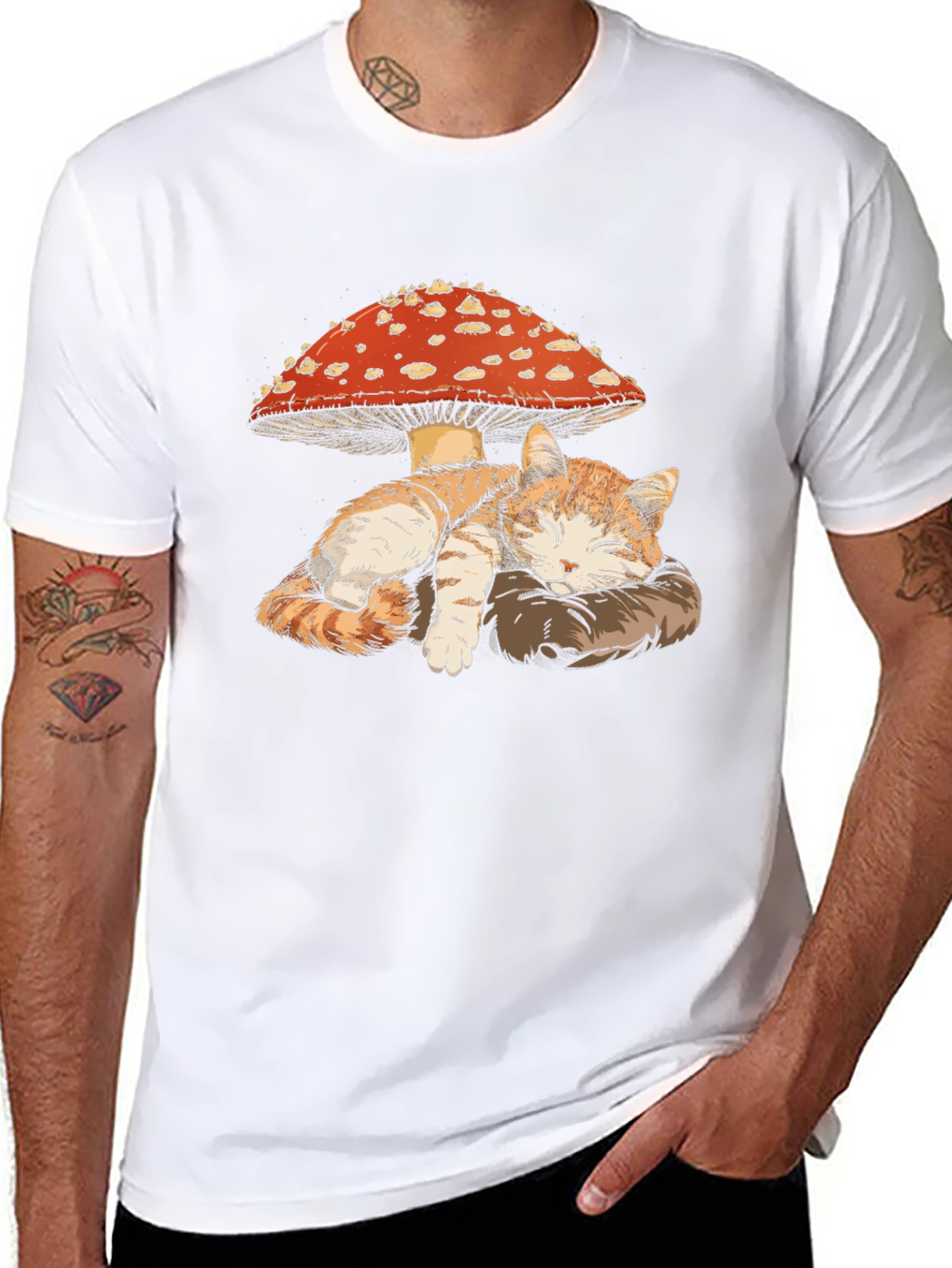 Cat Sleeping Under Mushroom Graphic T-Shirt