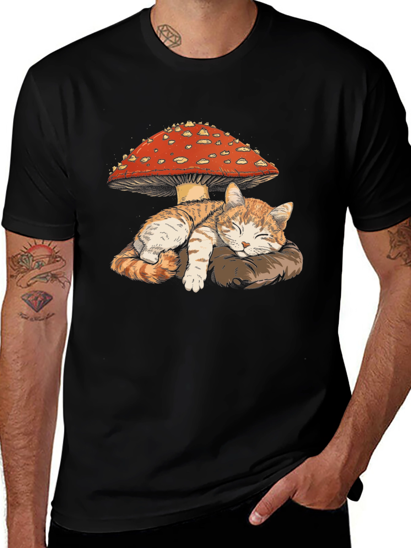 Cat Sleeping Under Mushroom Graphic T-Shirt