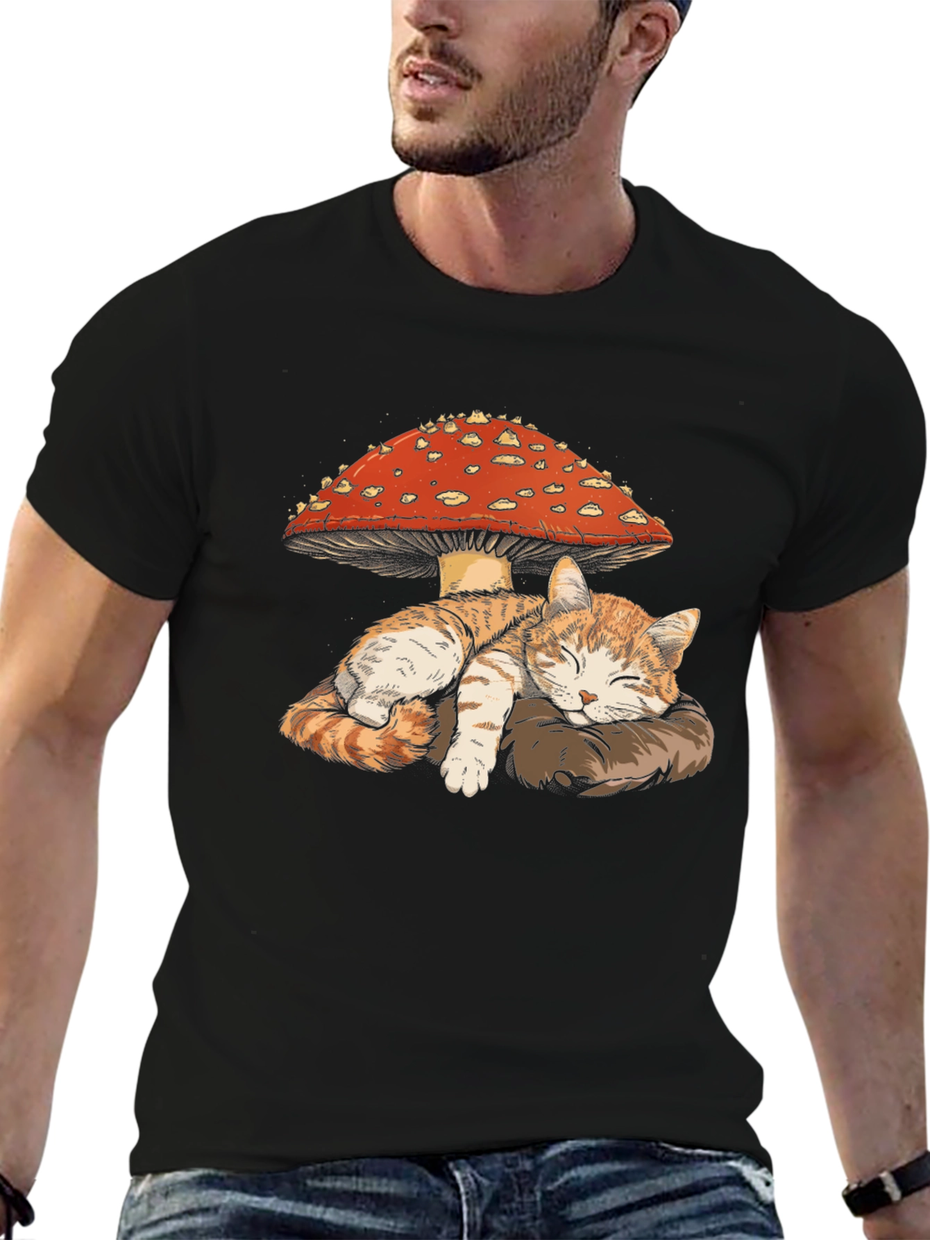 Cat Sleeping Under Mushroom Graphic T-Shirt