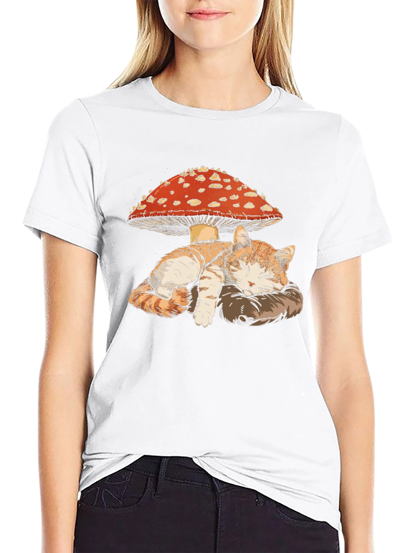 Cat Sleeping Under Mushroom Graphic T-Shirt