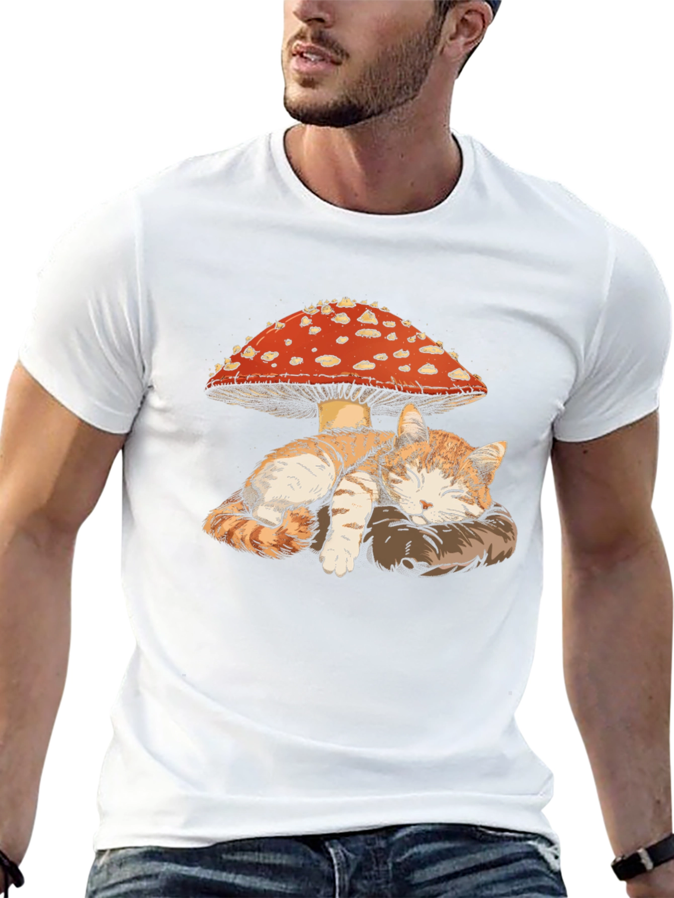 Cat Sleeping Under Mushroom Graphic T-Shirt