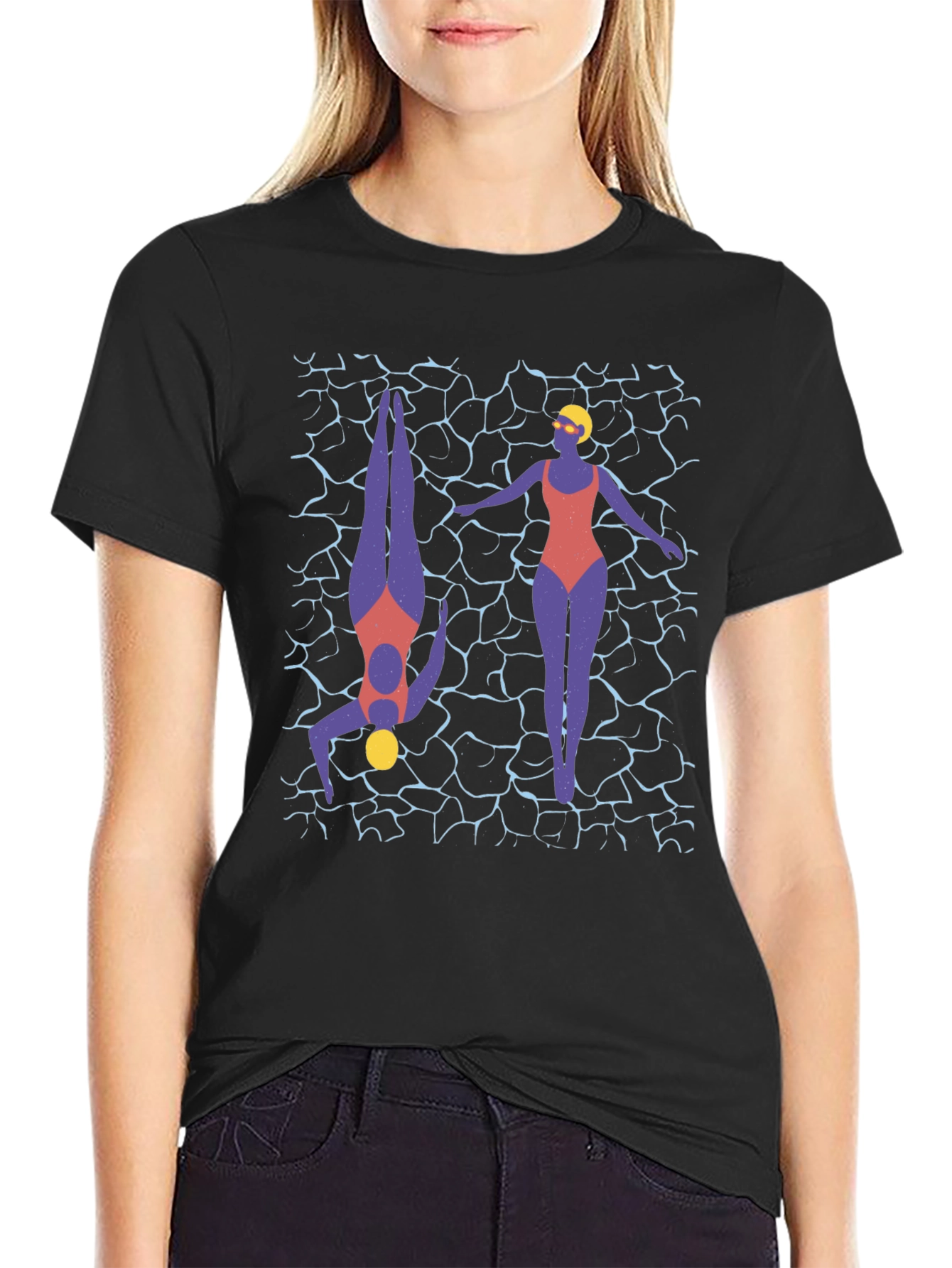 Stylish Swimmers Graphic Print T-Shirt - Black
