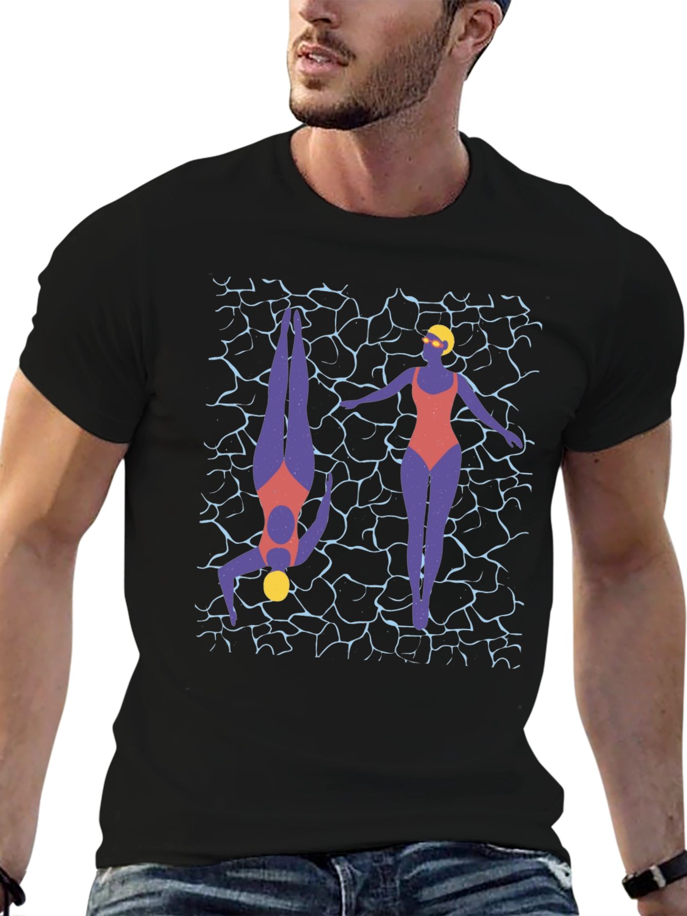 Stylish Swimmers Graphic Print T-Shirt - Black