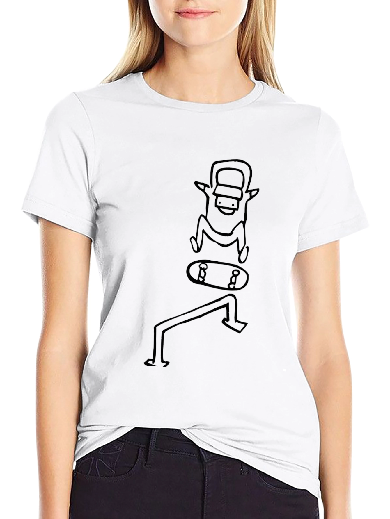 Skateboarding Character Graphic Tee - Black Cotton Casual Shirt