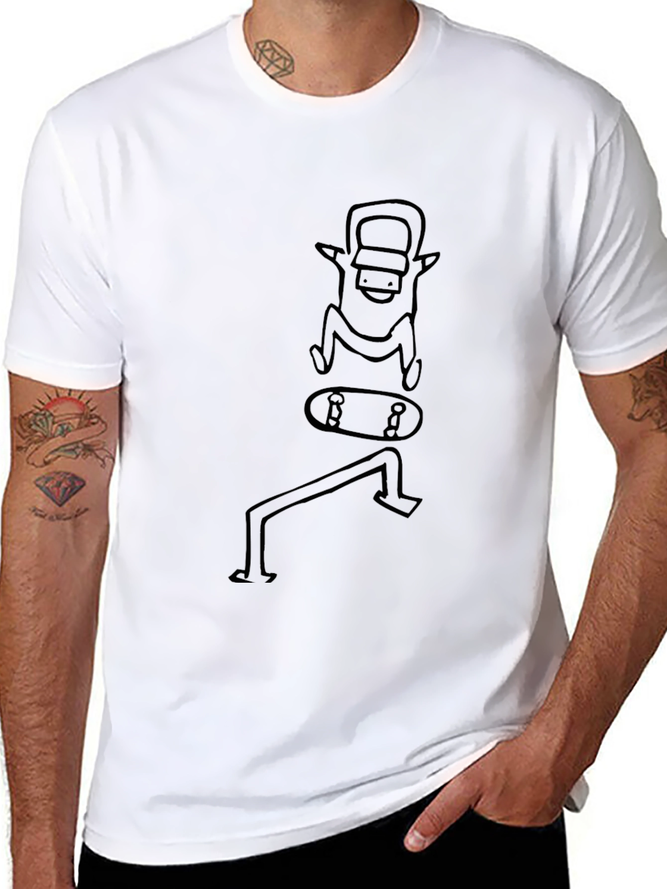 Skateboarding Character Graphic Tee - Black Cotton Casual Shirt