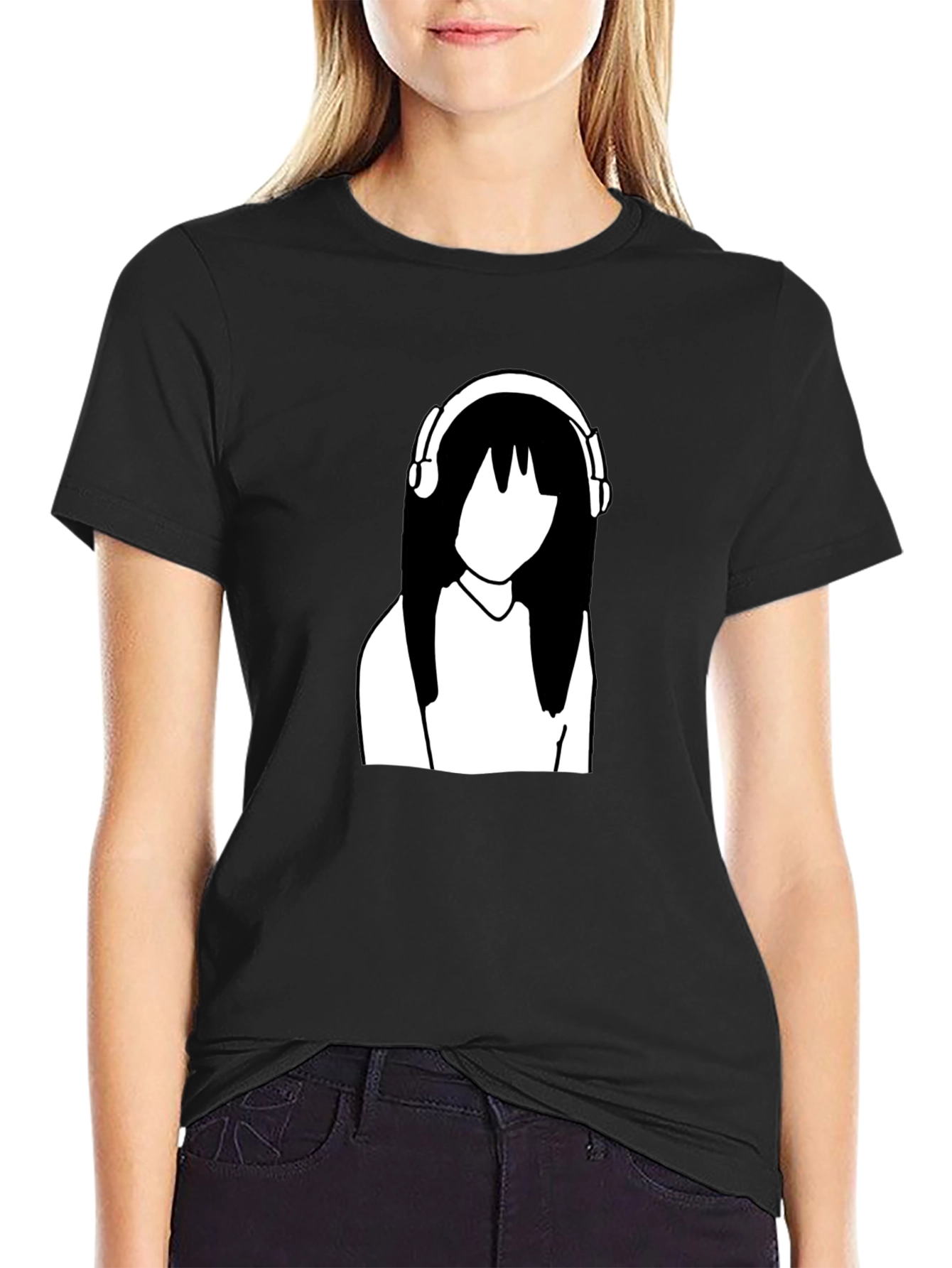 Minimalist Anime Girl with Headphones Black T-Shirt