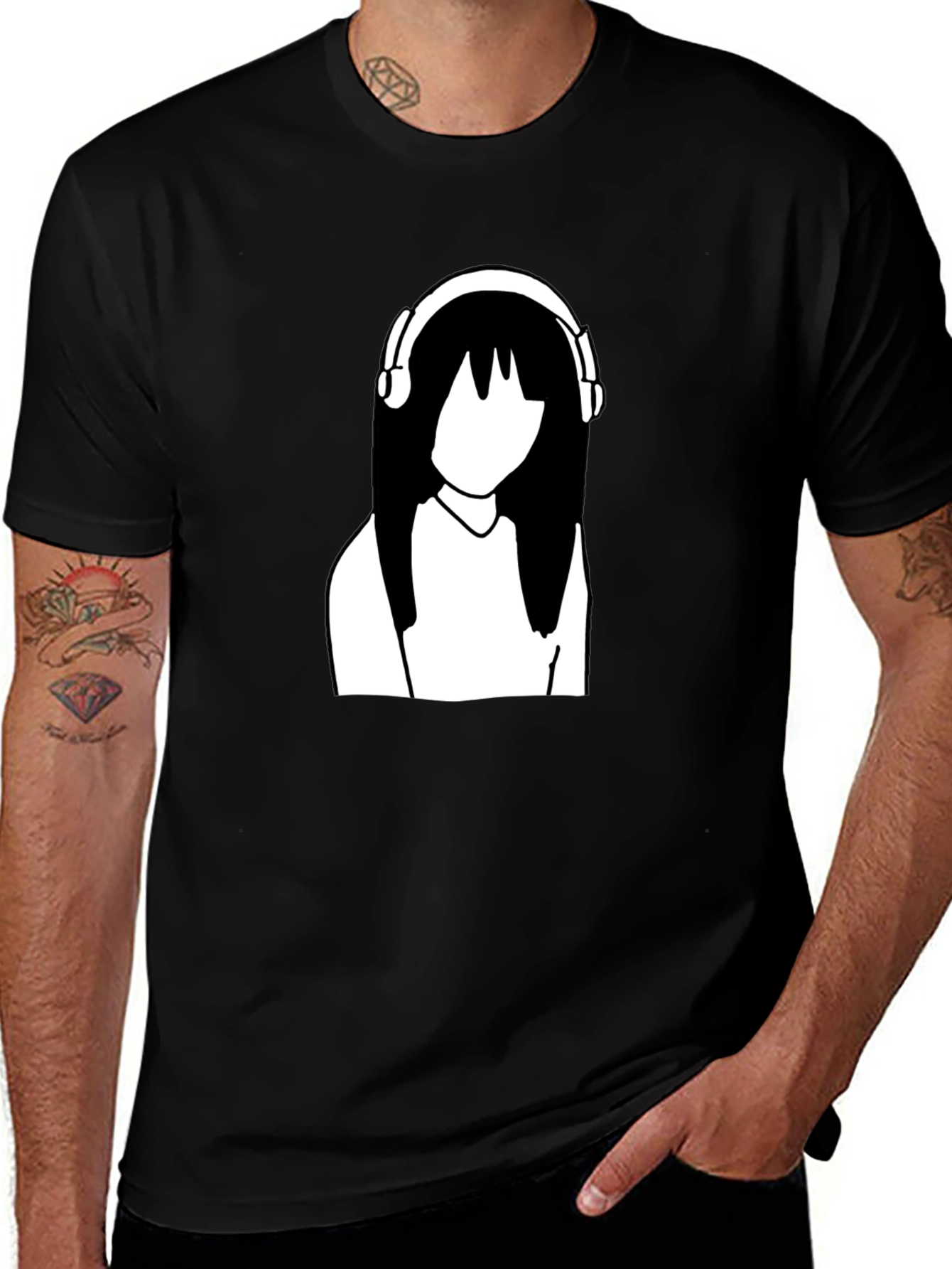 Minimalist Anime Girl with Headphones Black T-Shirt