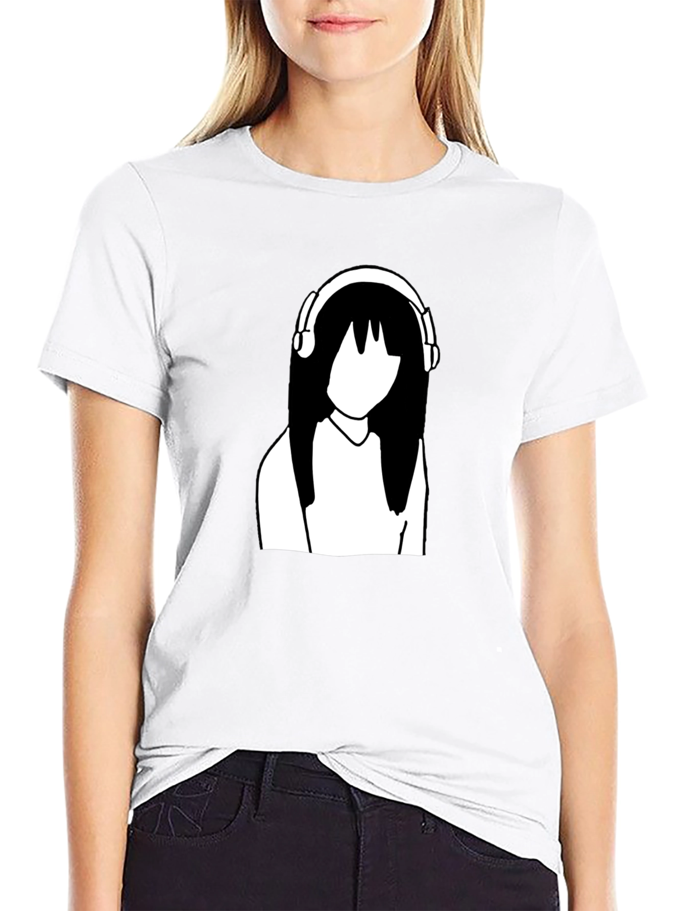 Minimalist Anime Girl with Headphones Black T-Shirt
