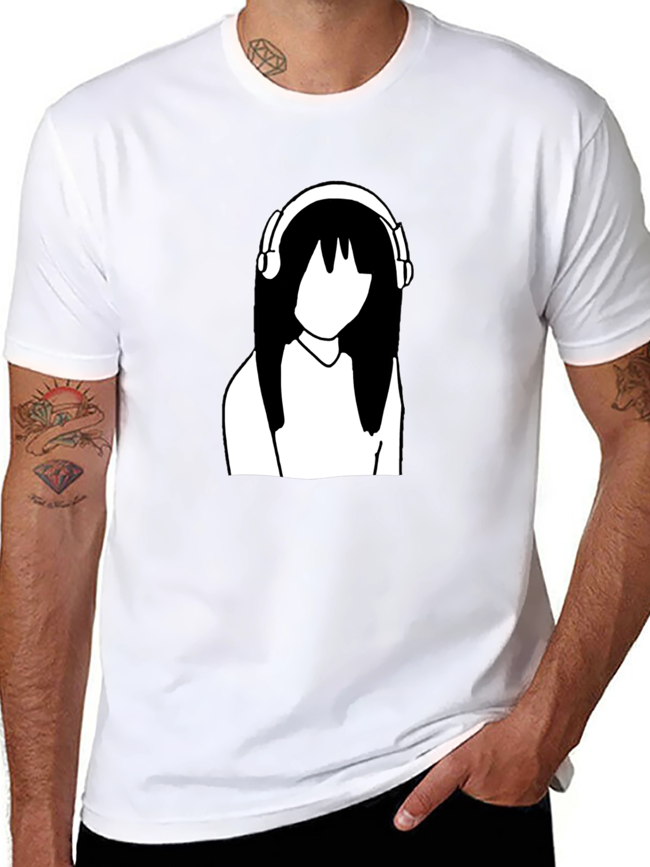 Minimalist Anime Girl with Headphones Black T-Shirt