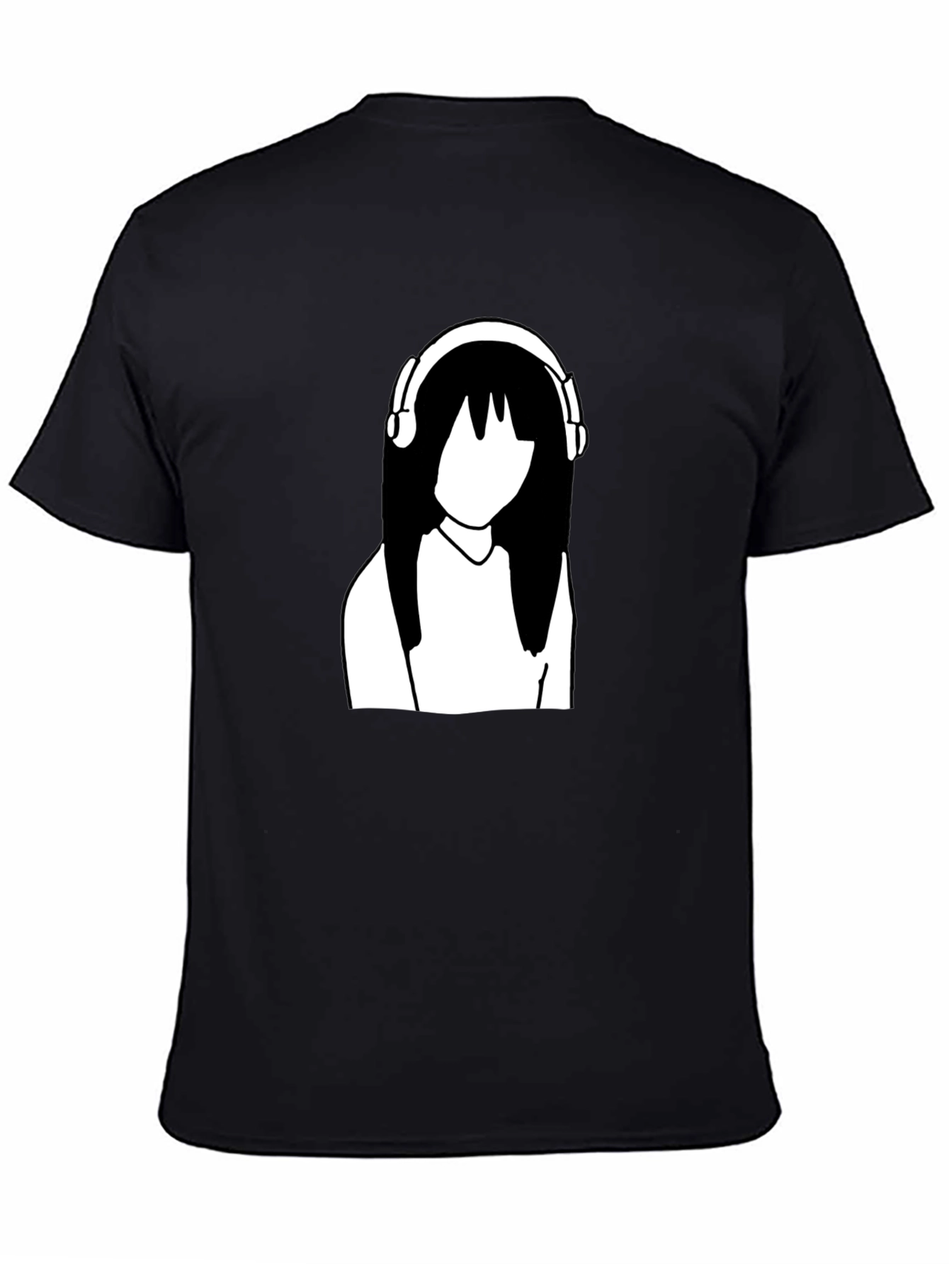 Minimalist Anime Girl with Headphones Black T-Shirt