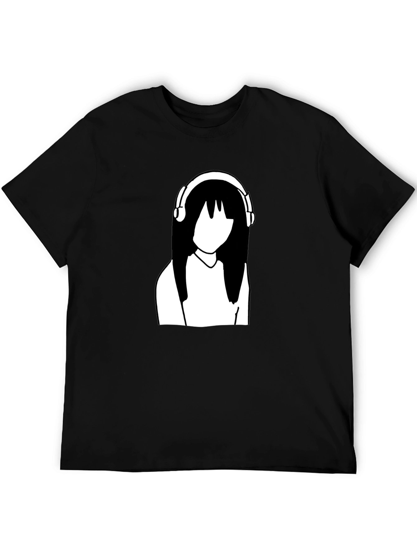 Minimalist Anime Girl with Headphones Black T-Shirt