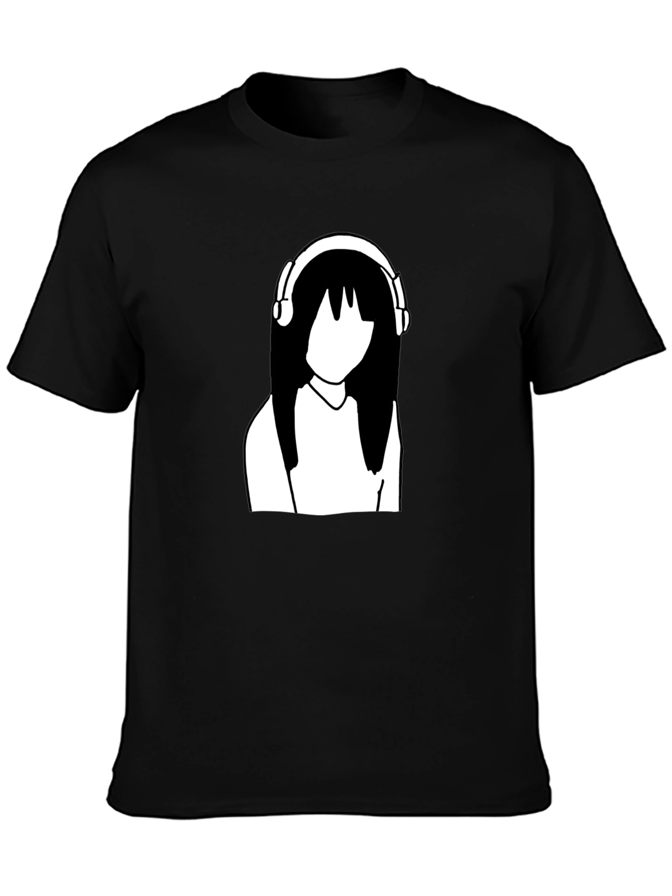 Minimalist Anime Girl with Headphones Black T-Shirt