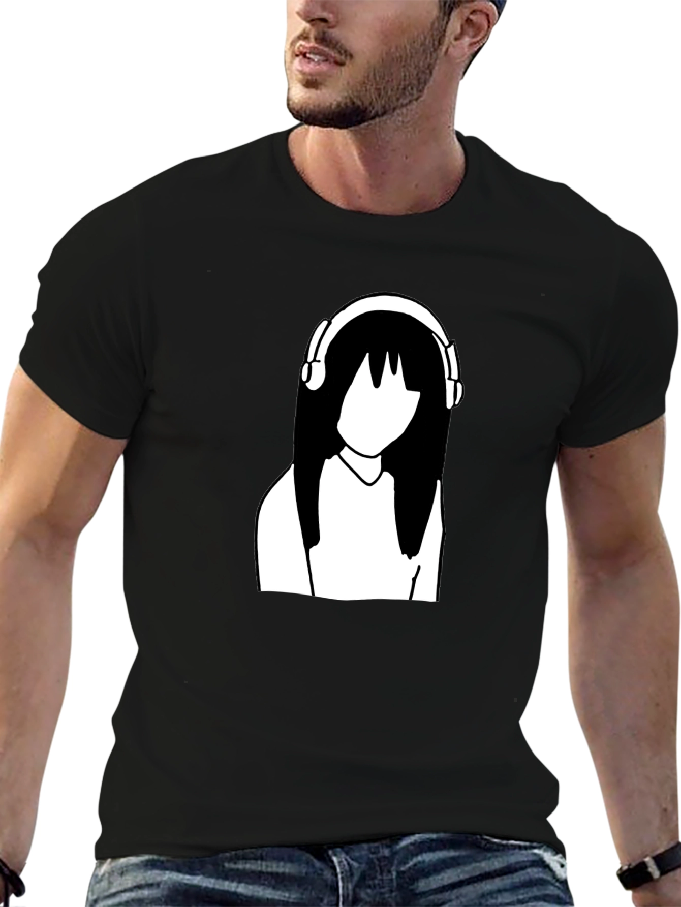 Minimalist Anime Girl with Headphones Black T-Shirt