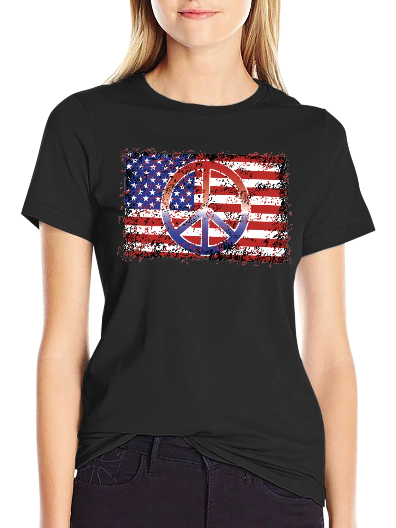 American Flag Peace Sign Black T-Shirt