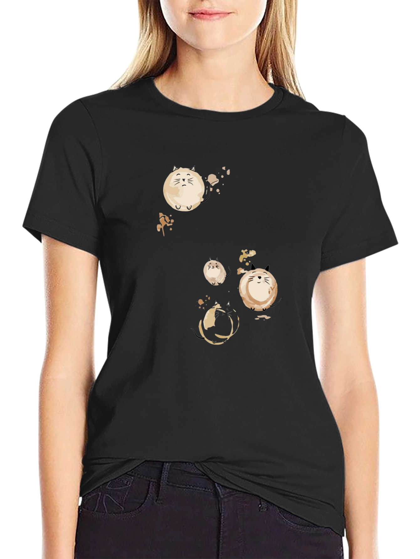 Round Cat Graphic Black T-Shirt