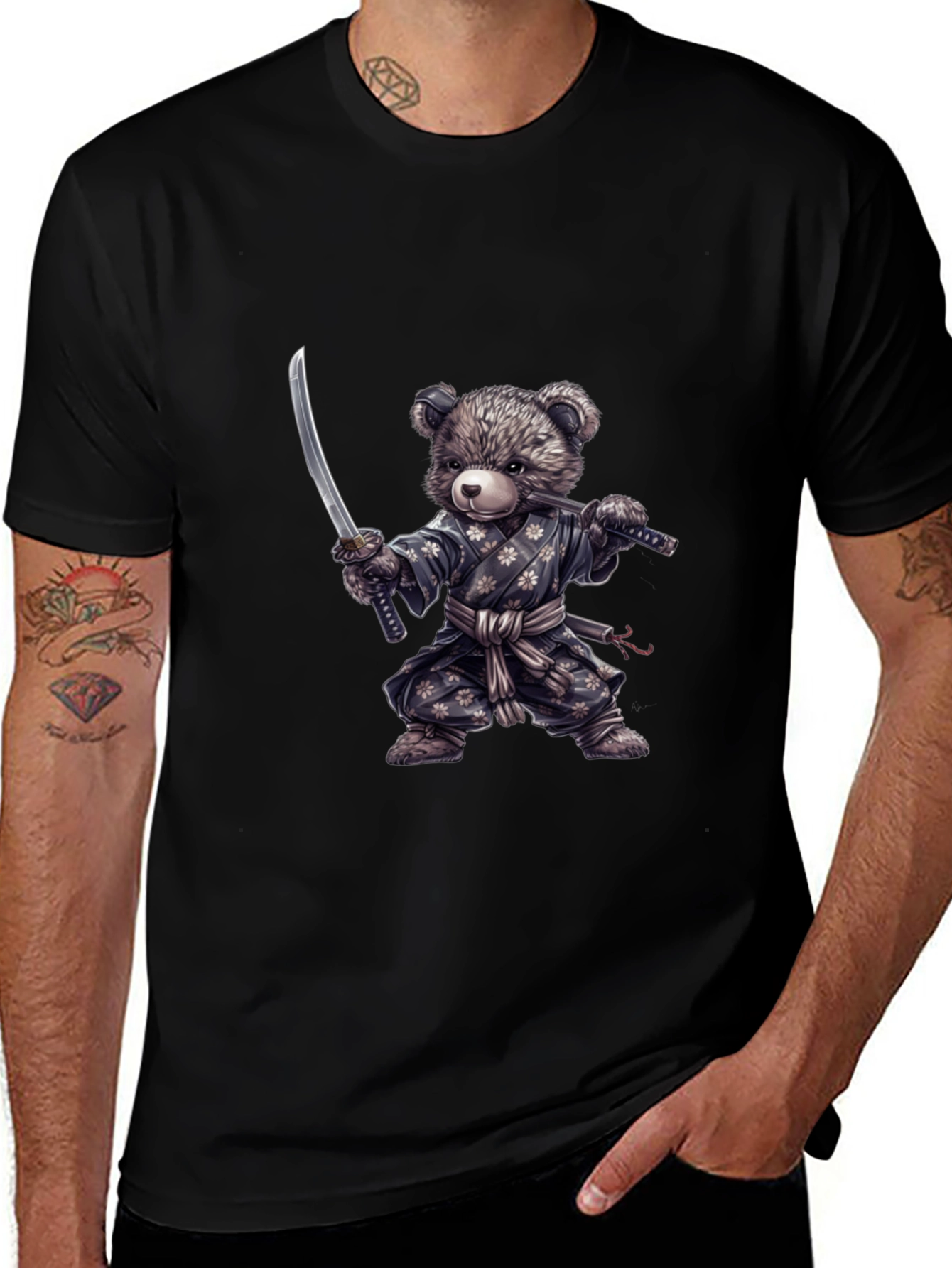 Samurai Bear Graphic Tee - Black Cotton T-Shirt