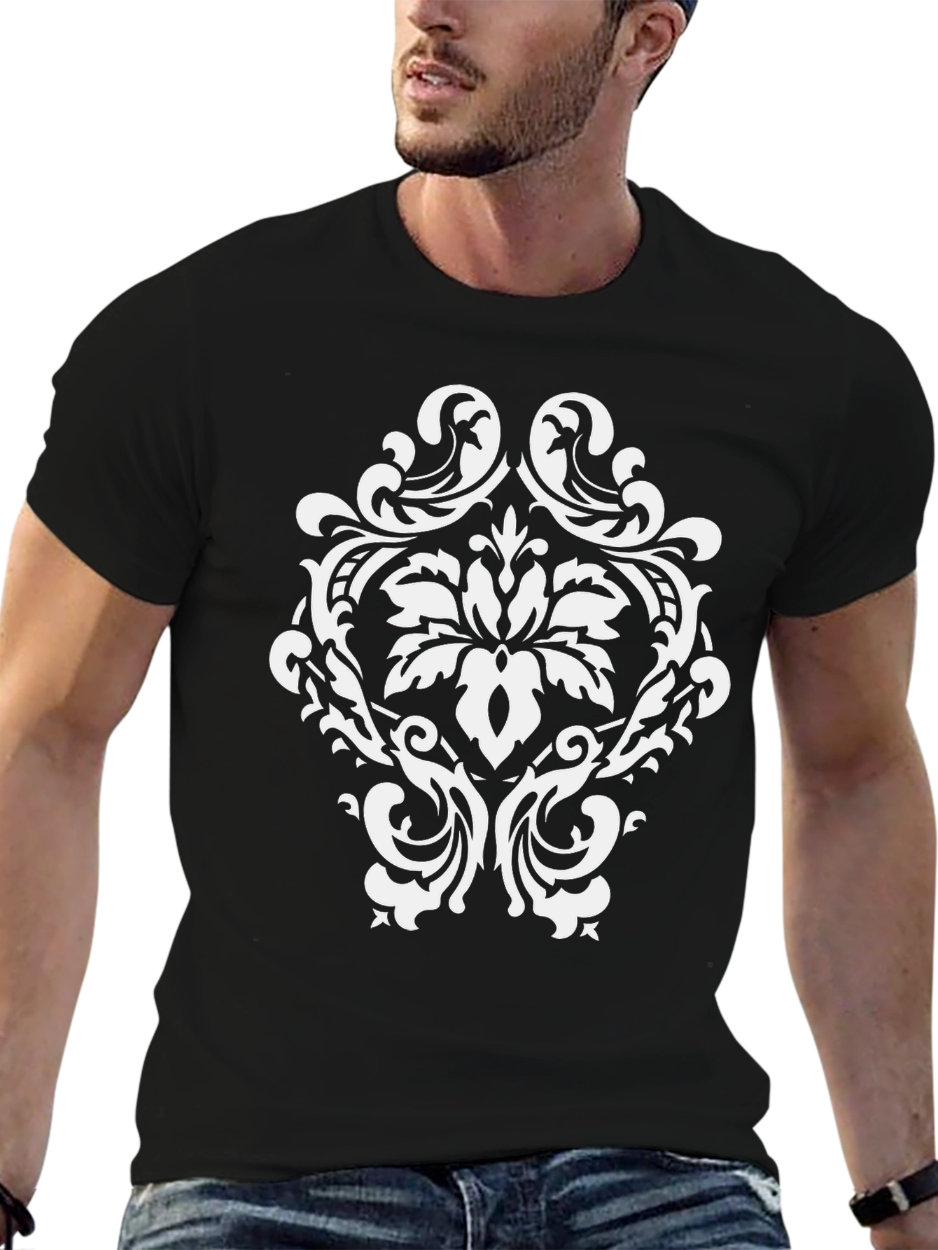 Elegant Damask Print Black T-Shirt