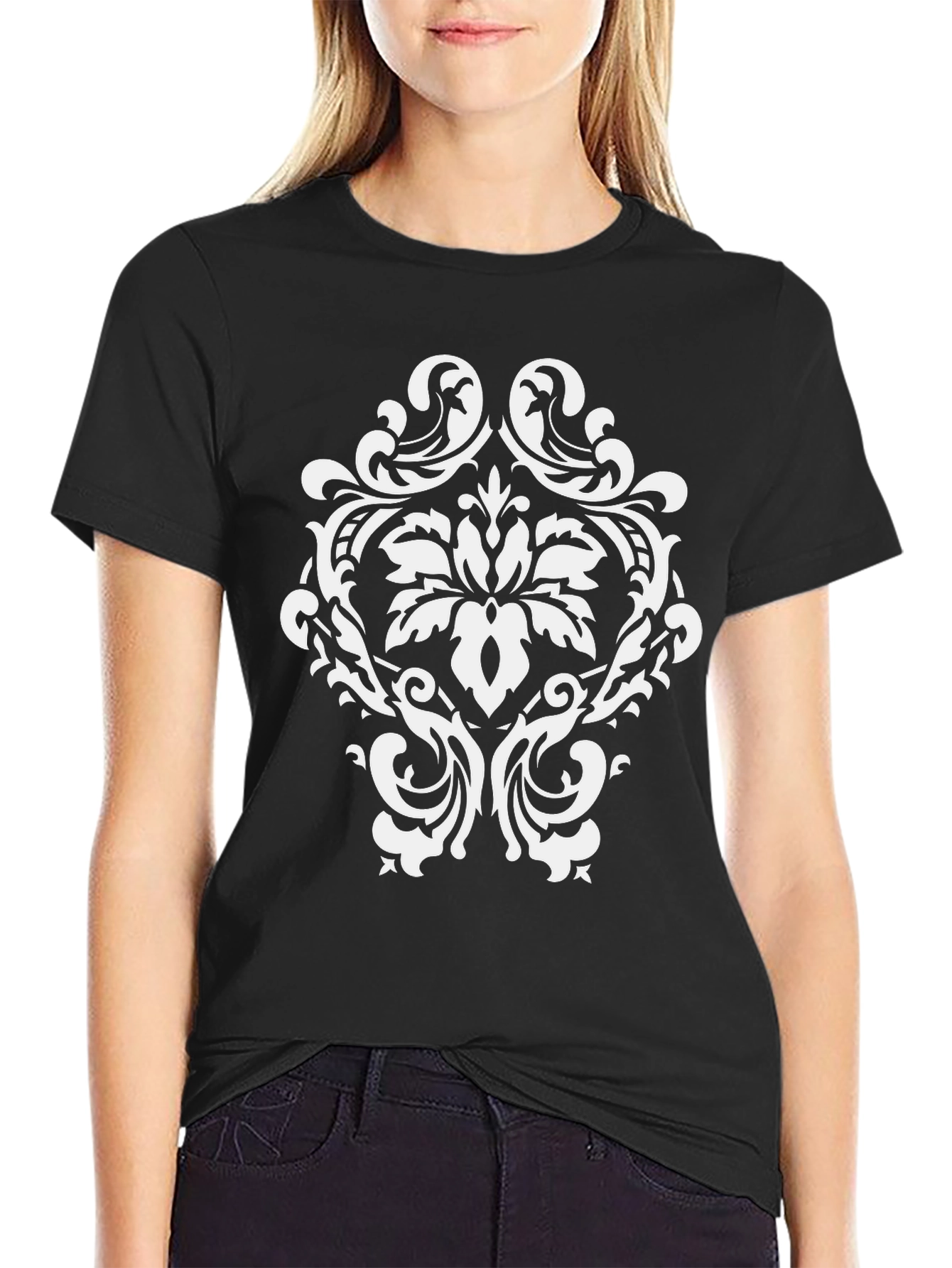 Elegant Damask Print Black T-Shirt