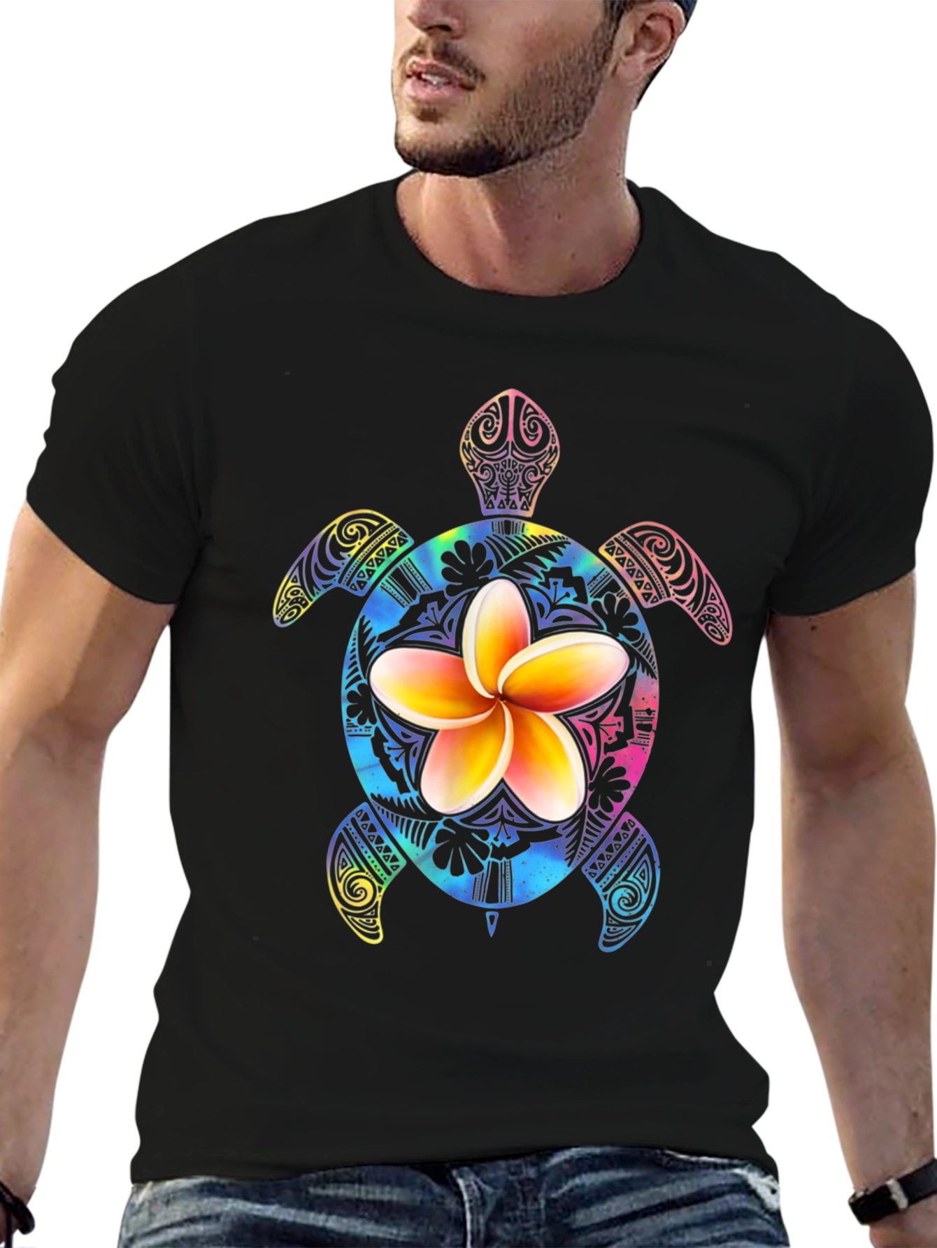 Floral Turtle Graphic Black T-Shirt