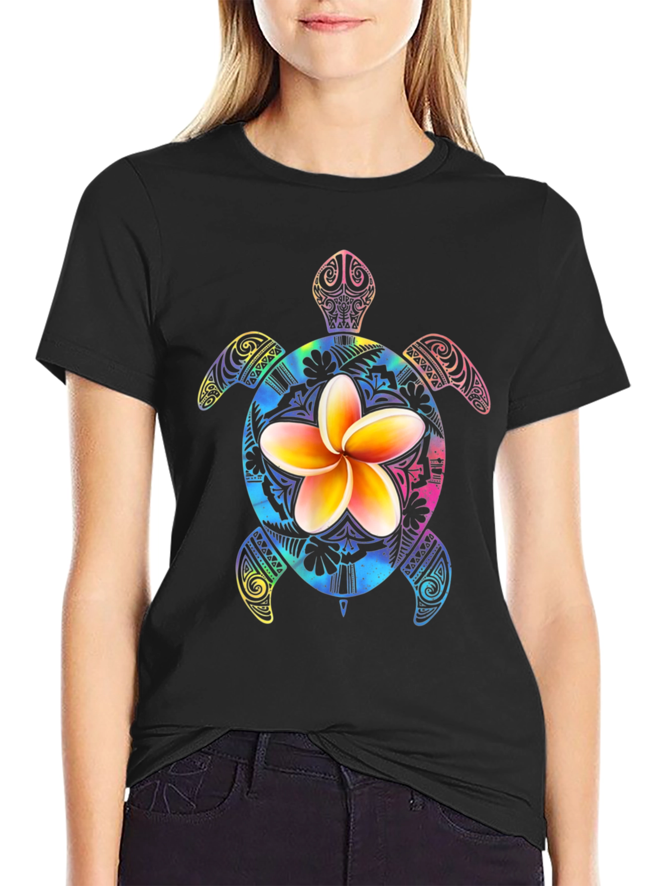 Floral Turtle Graphic Black T-Shirt