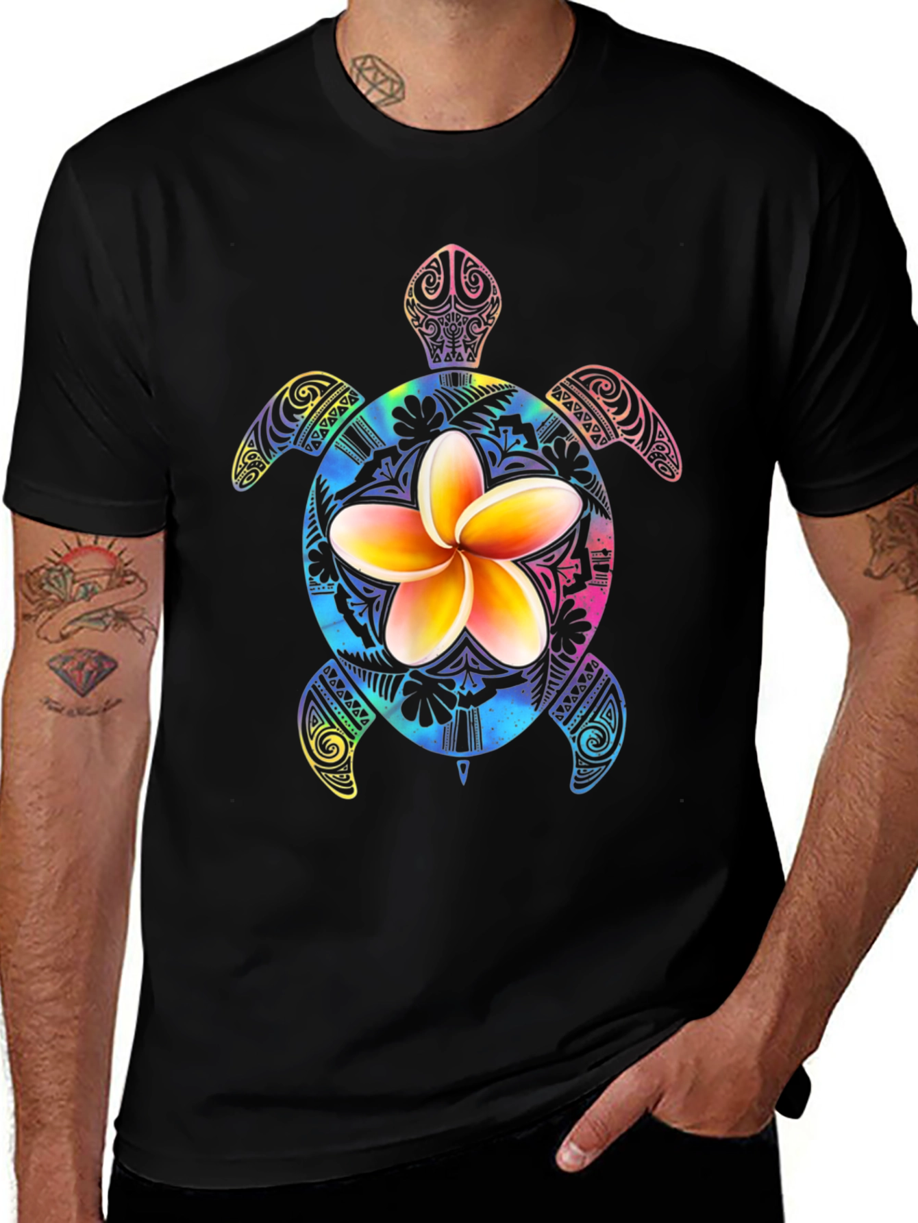 Floral Turtle Graphic Black T-Shirt