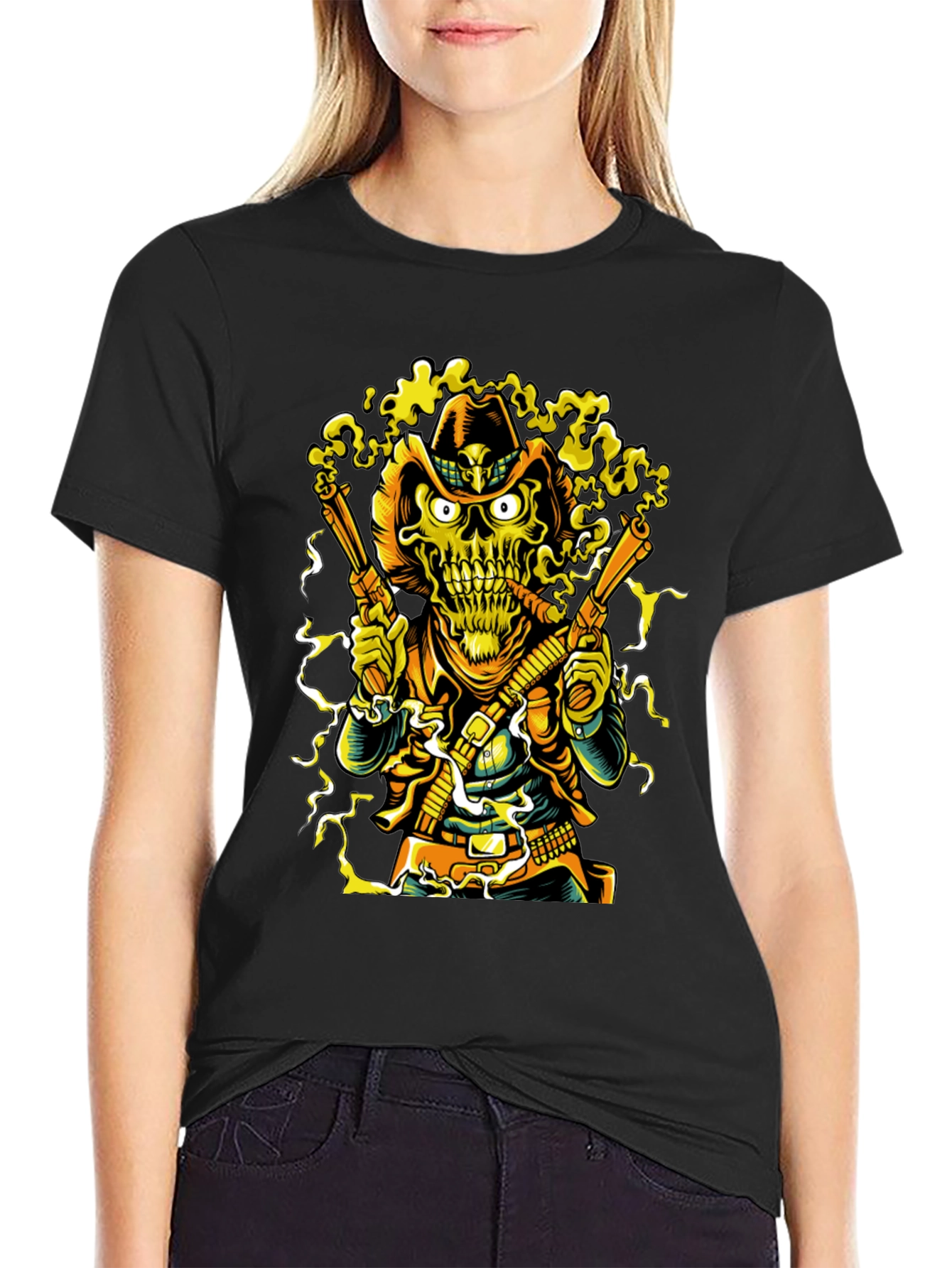 Skull Cowboy Graphic Tee - Black Cotton T-Shirt