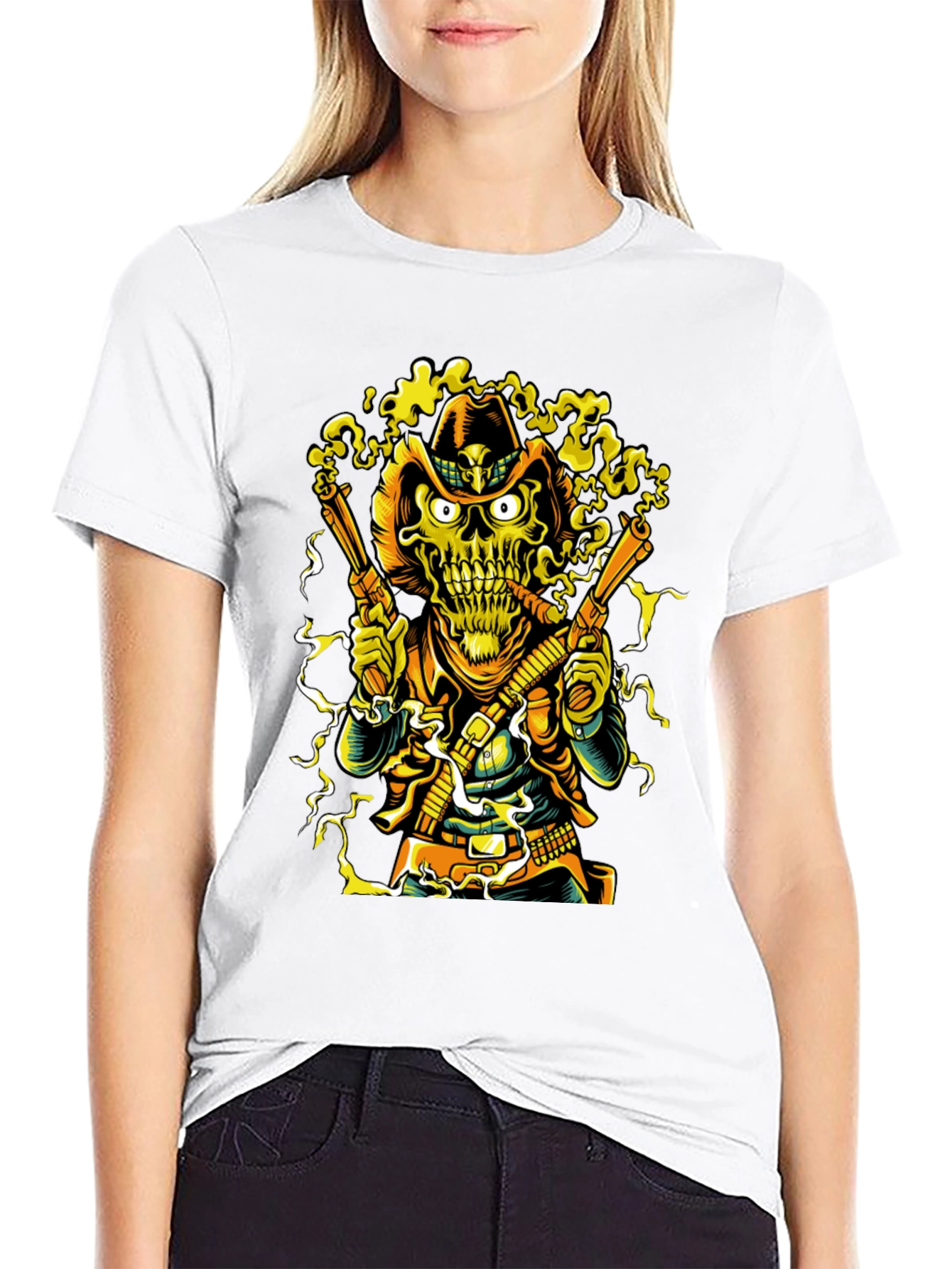 Skull Cowboy Graphic Tee - Black Cotton T-Shirt