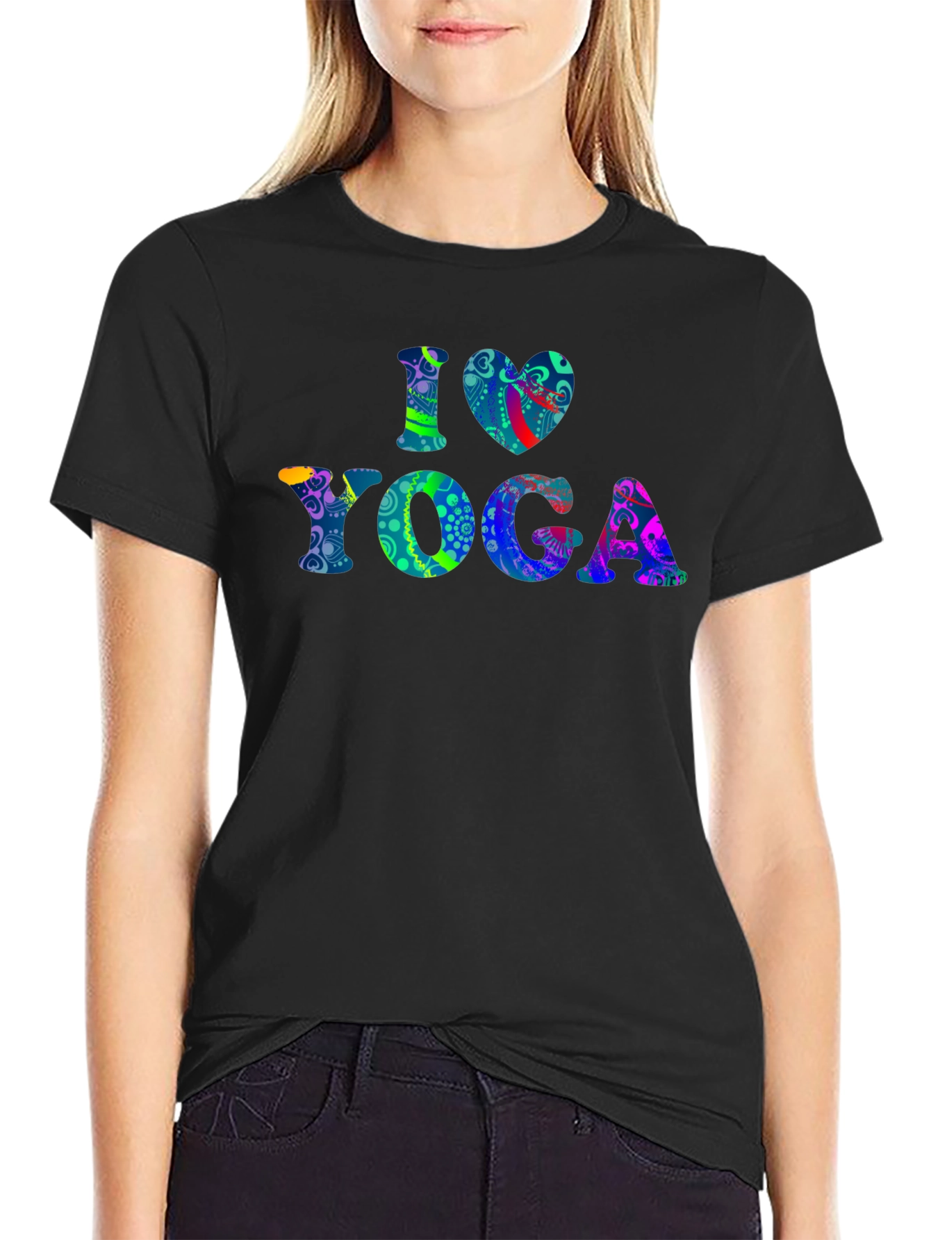 I Love Yoga Graphic Print Black T-Shirt