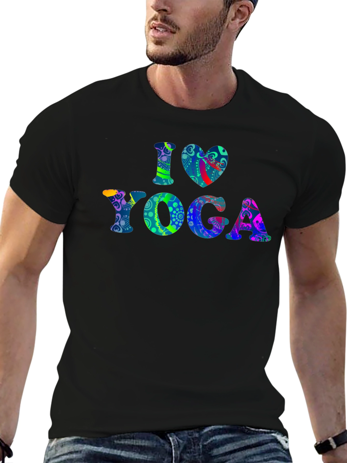 I Love Yoga Graphic Print Black T-Shirt
