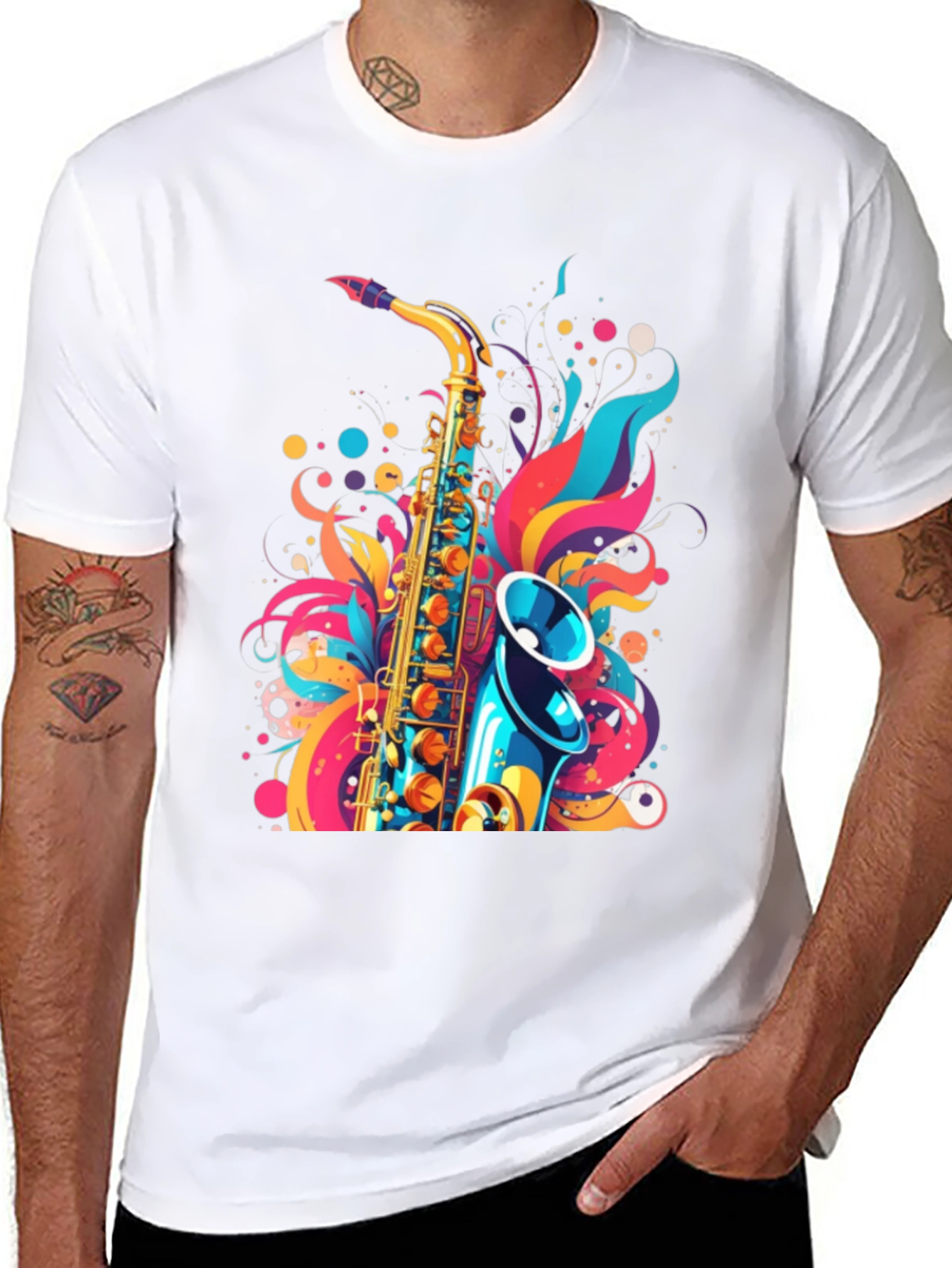 Stylish Saxophone Graphic Black T-Shirt