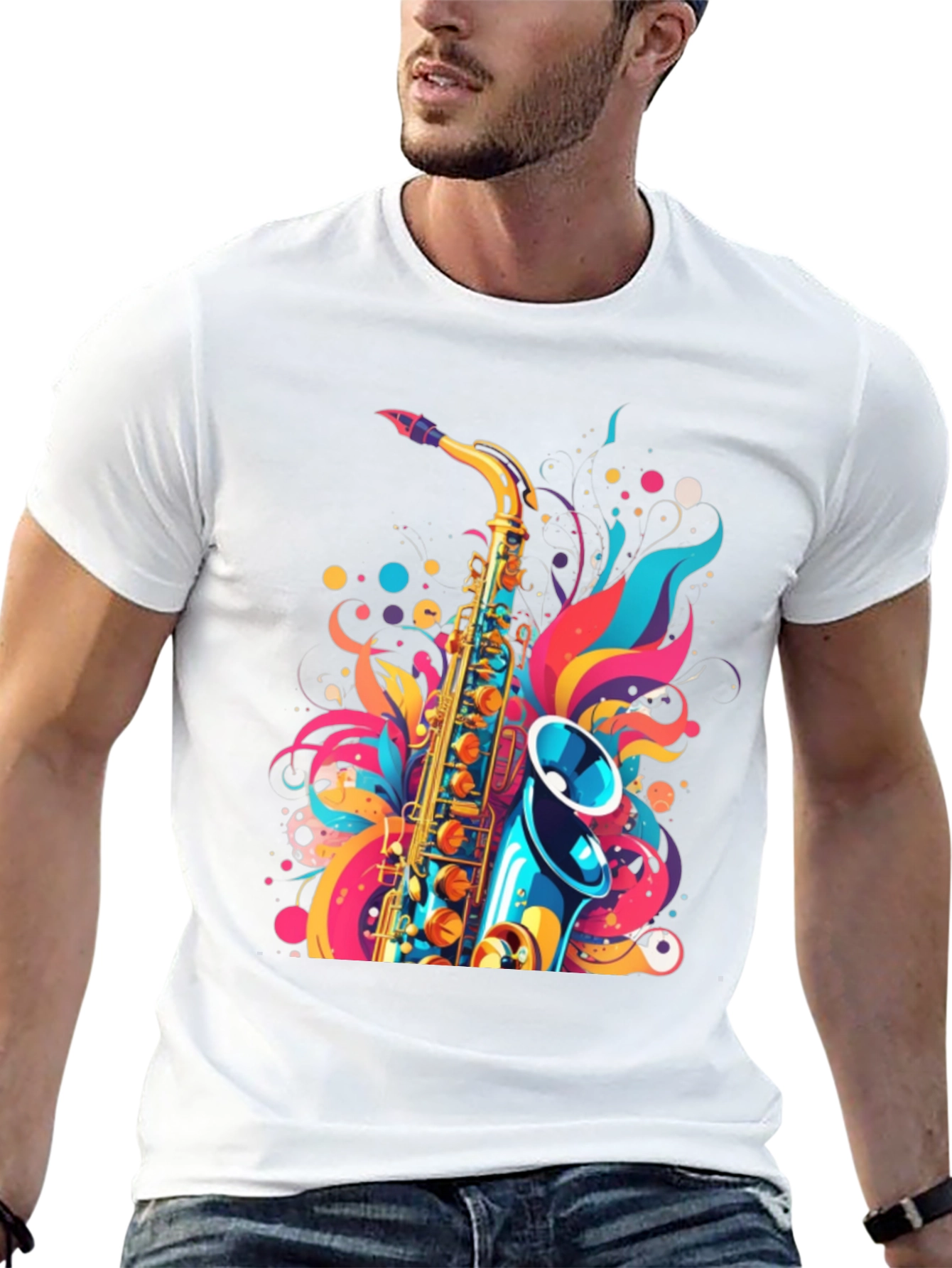 Stylish Saxophone Graphic Black T-Shirt