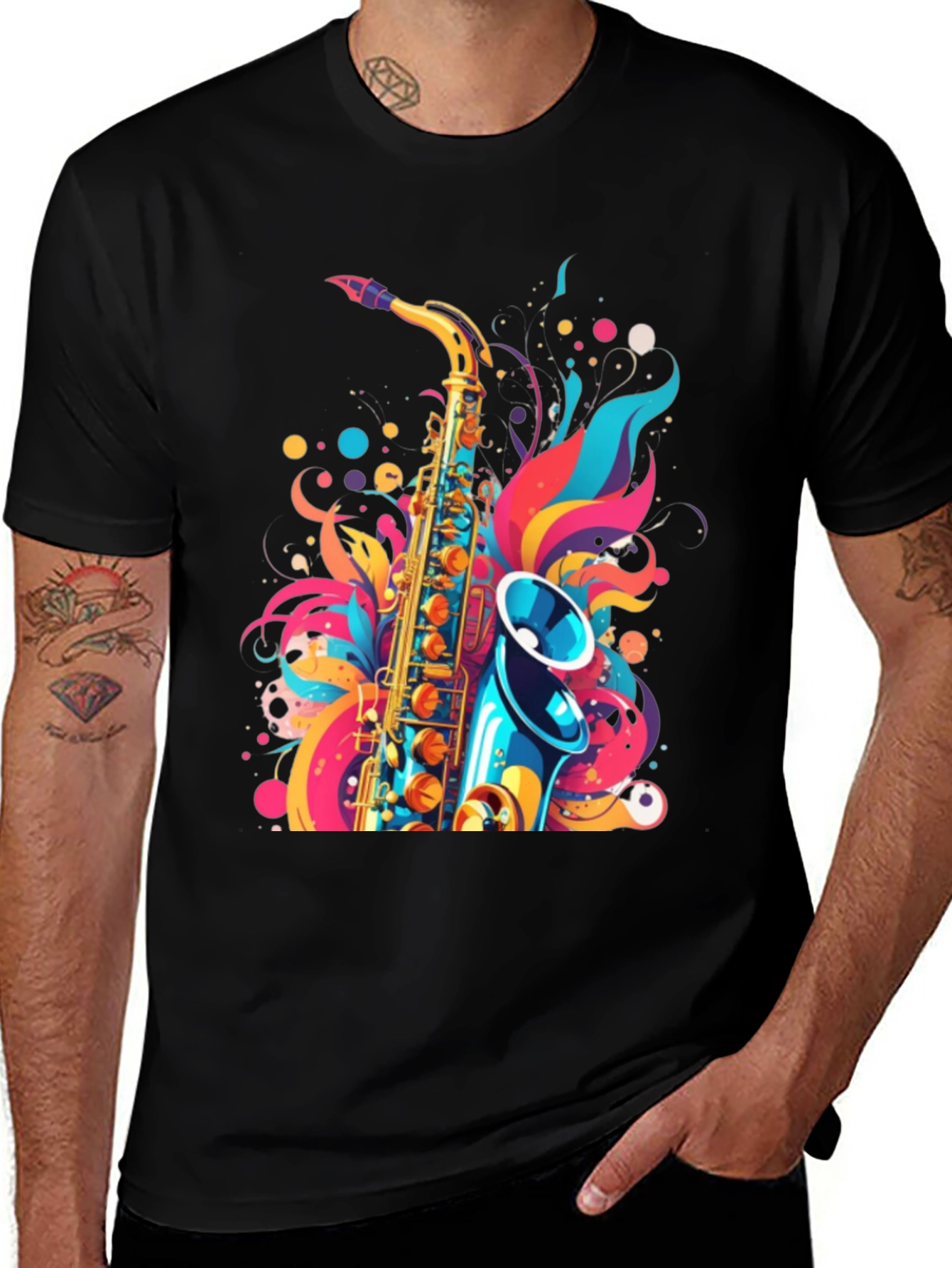 Stylish Saxophone Graphic Black T-Shirt