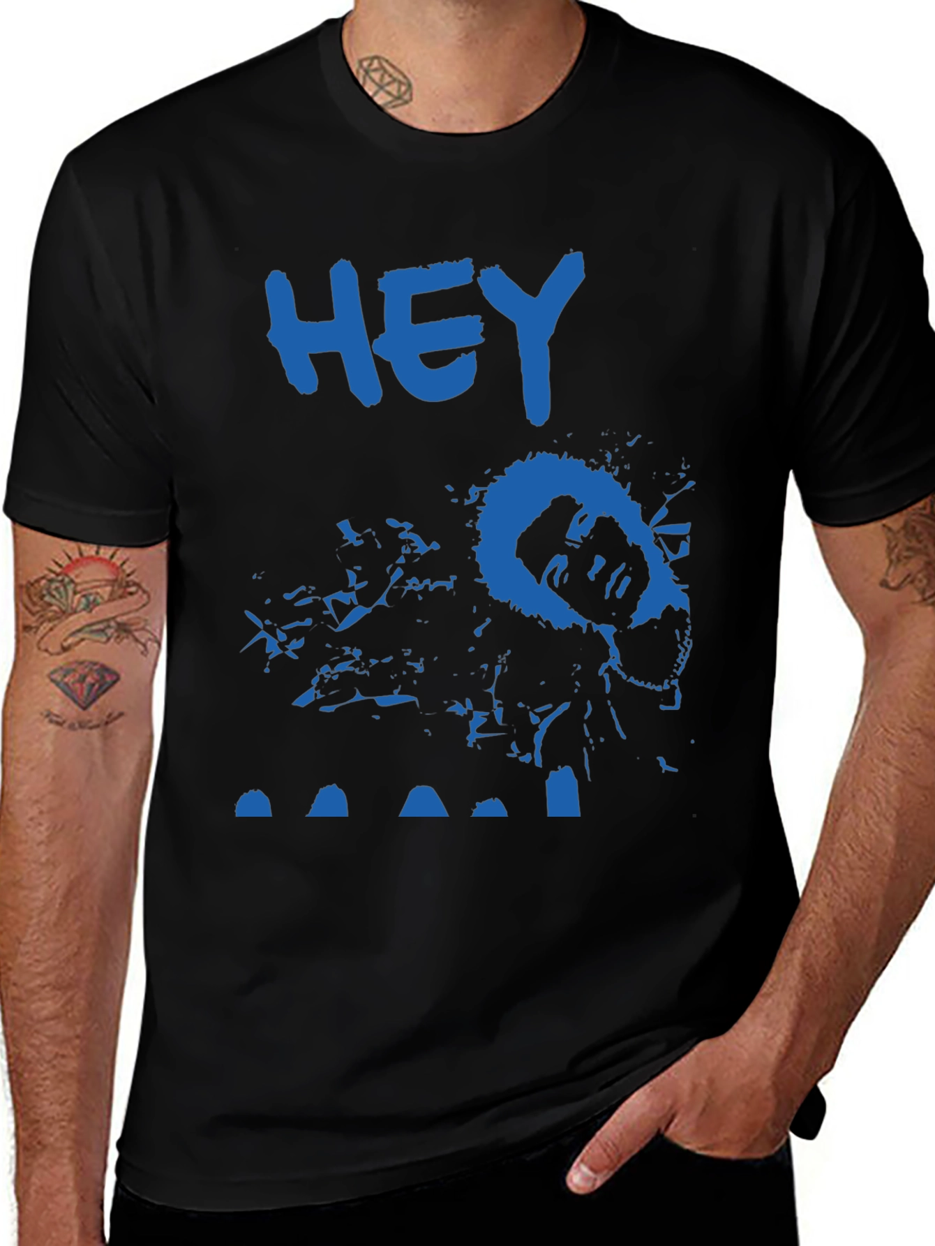 Blue HEY Tee: Unique Graphic Print