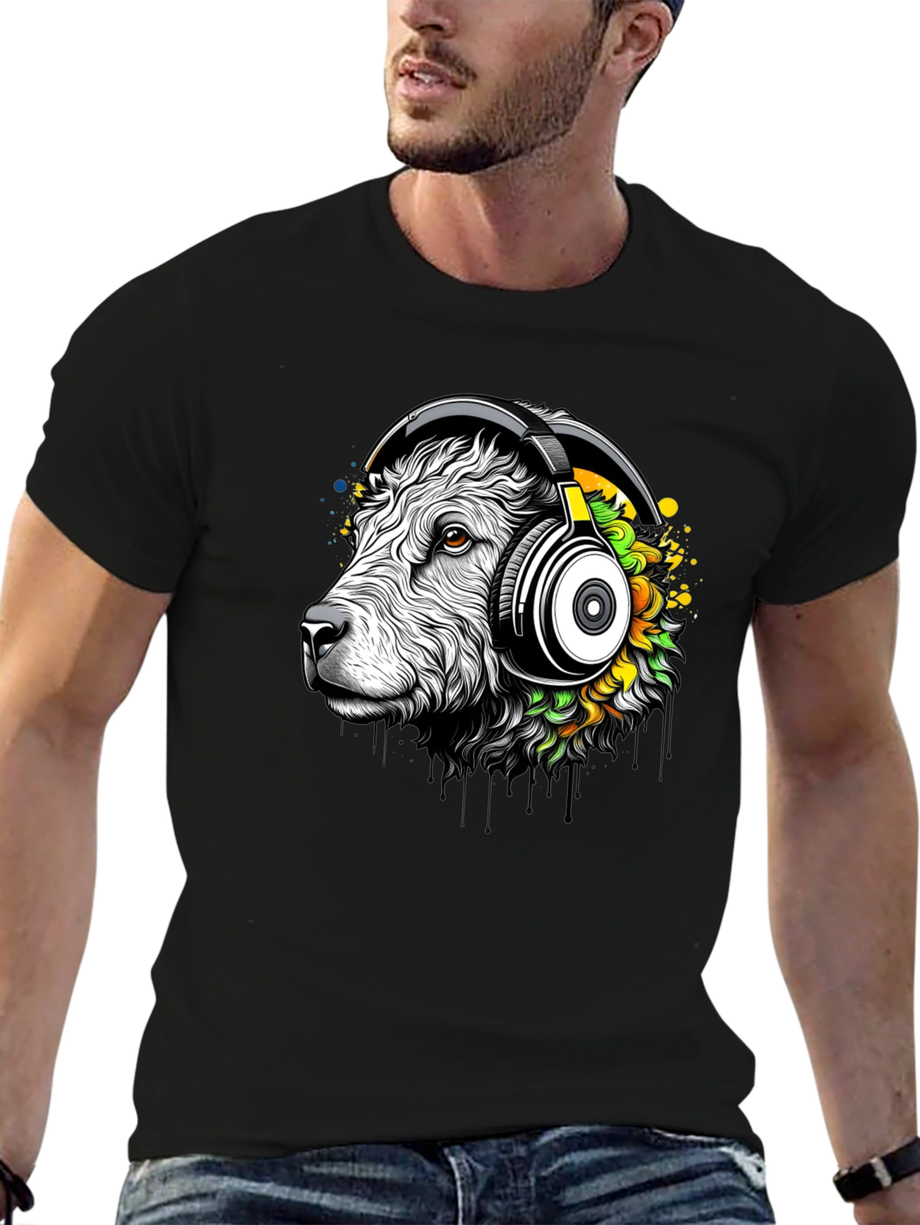 Cool Sheep with Headphones Black T-Shirt