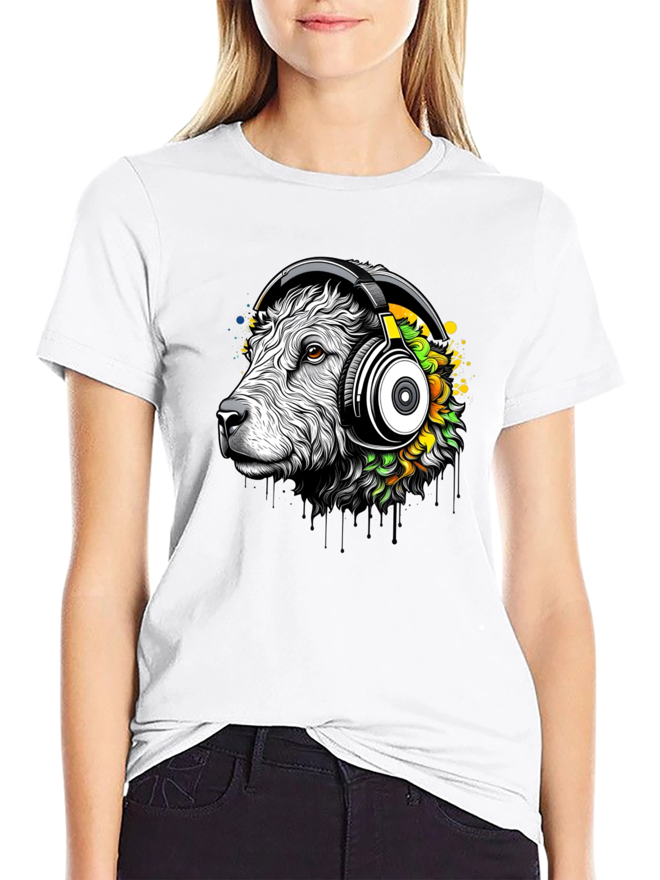 Cool Sheep with Headphones Black T-Shirt