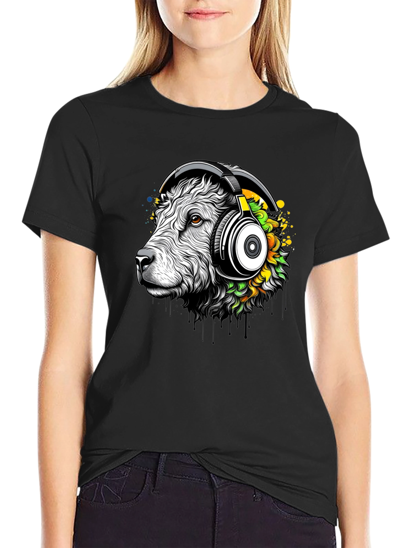 Cool Sheep with Headphones Black T-Shirt