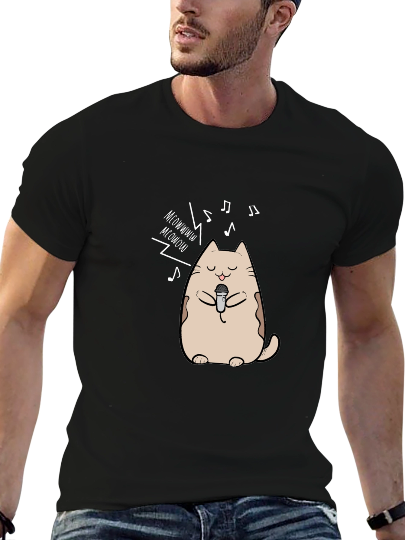 Singing Cat Graphic T-Shirt - Black
