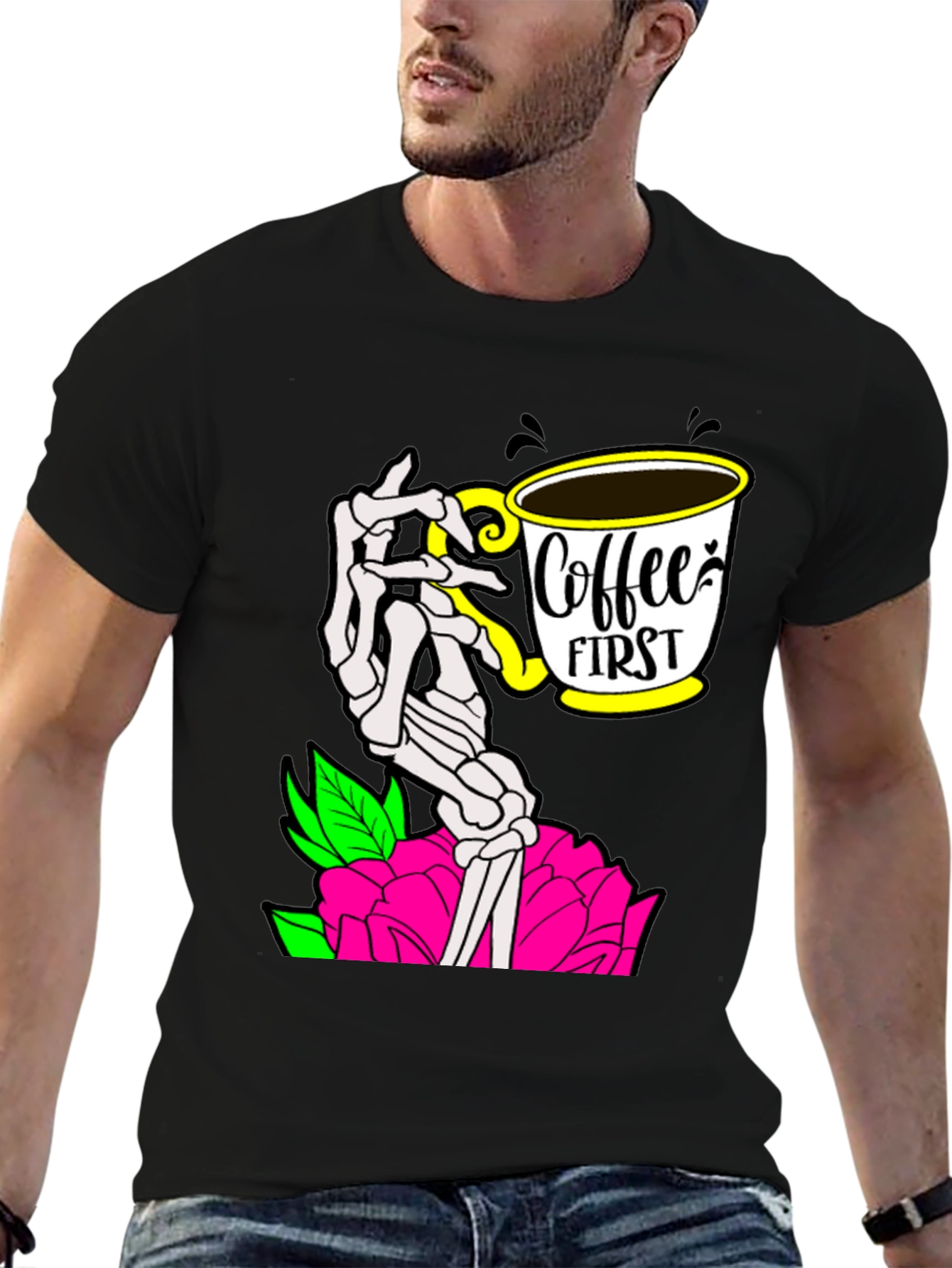 Coffee First Skeleton Hand Graphic Tee - Black