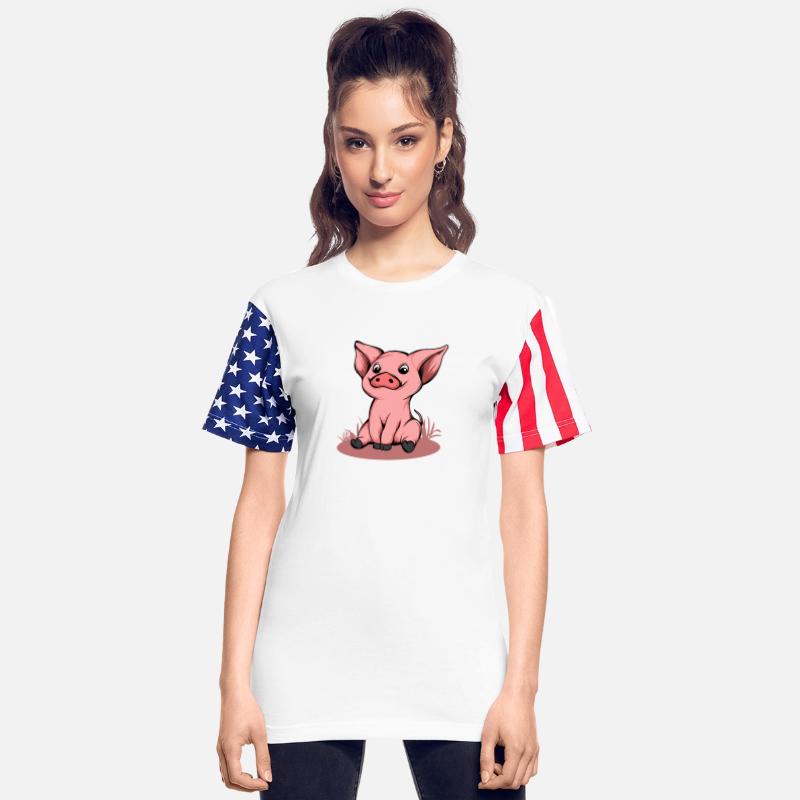 The cute happy pig is sitting and smiling