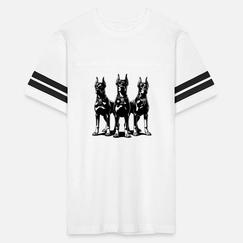 Three fierce, watchful Doberman dogs