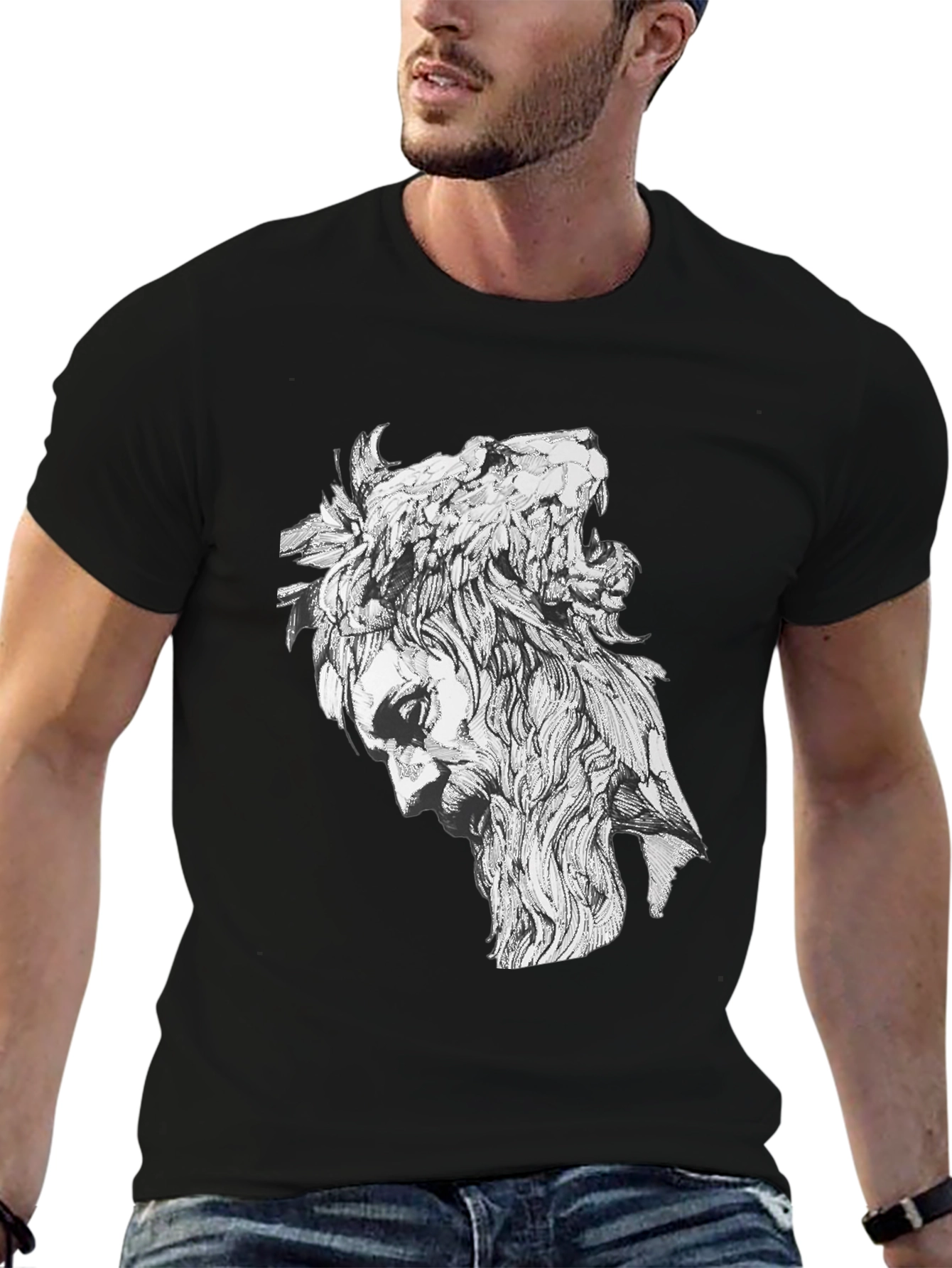 Lion Man Graphic Tee - Stylish Black Cotton T-Shirt