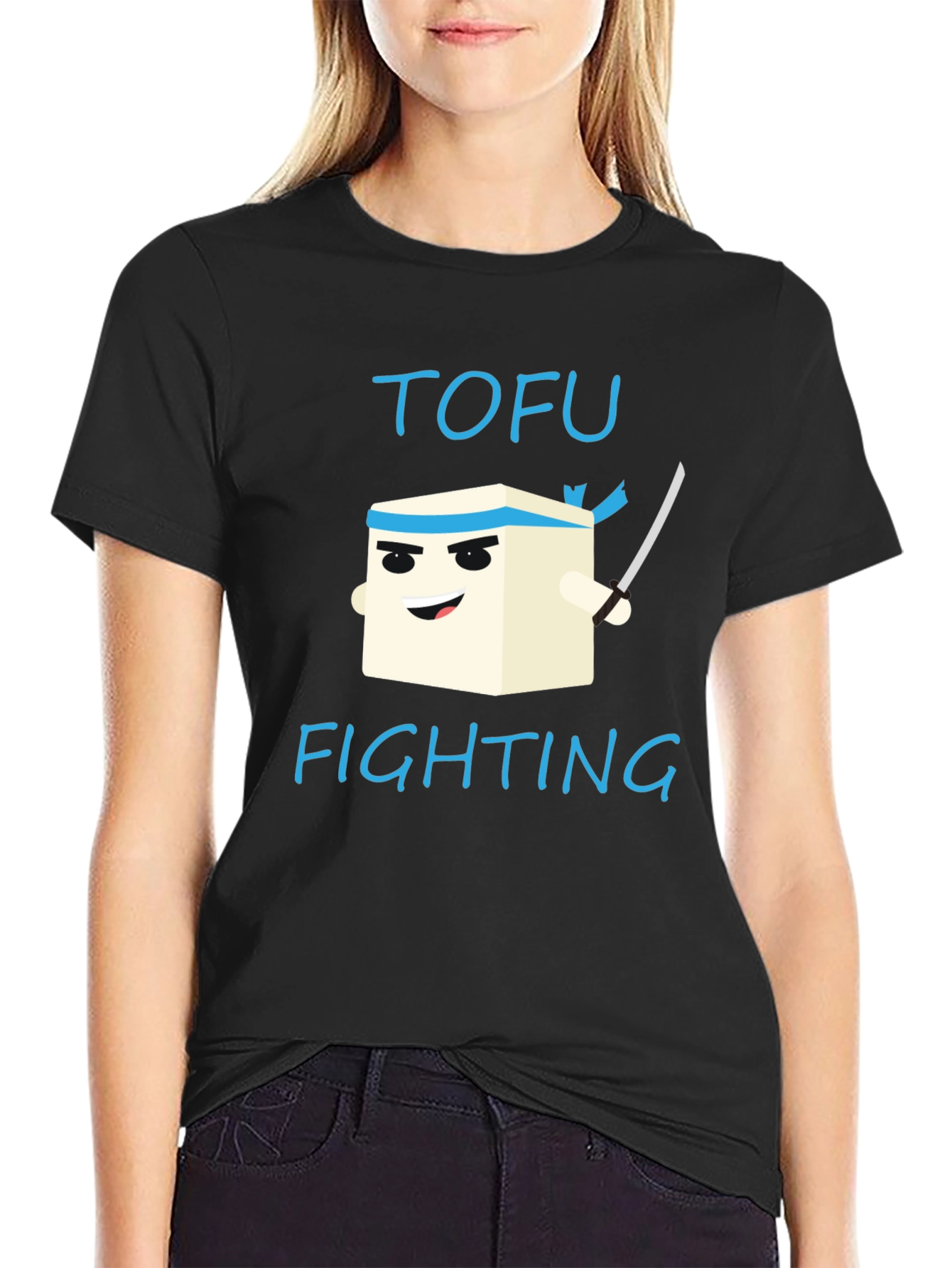 Tofu Fighting Graphic T-Shirt - Black Crew Neck Tee
