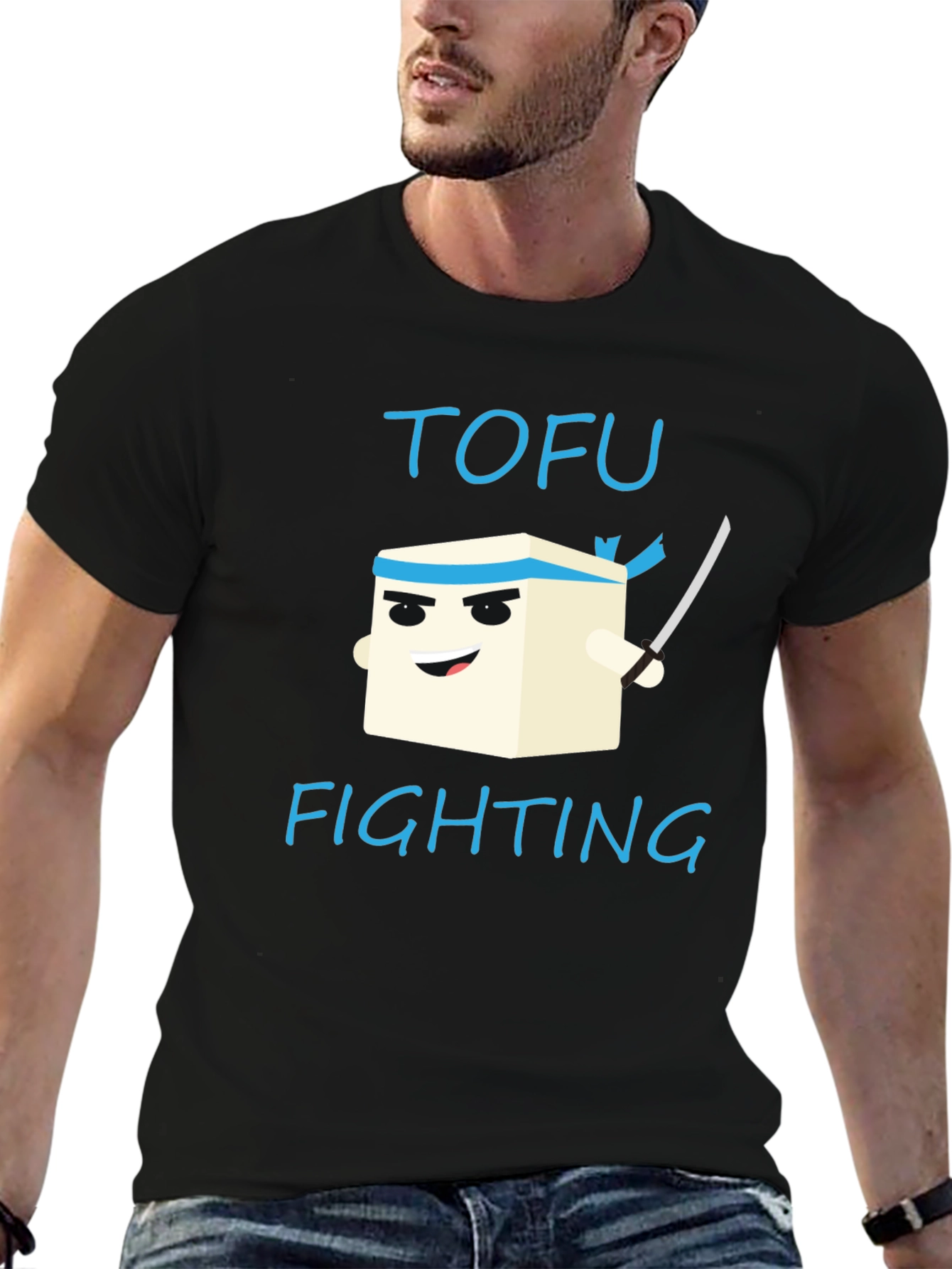 Tofu Fighting Graphic T-Shirt - Black Crew Neck Tee