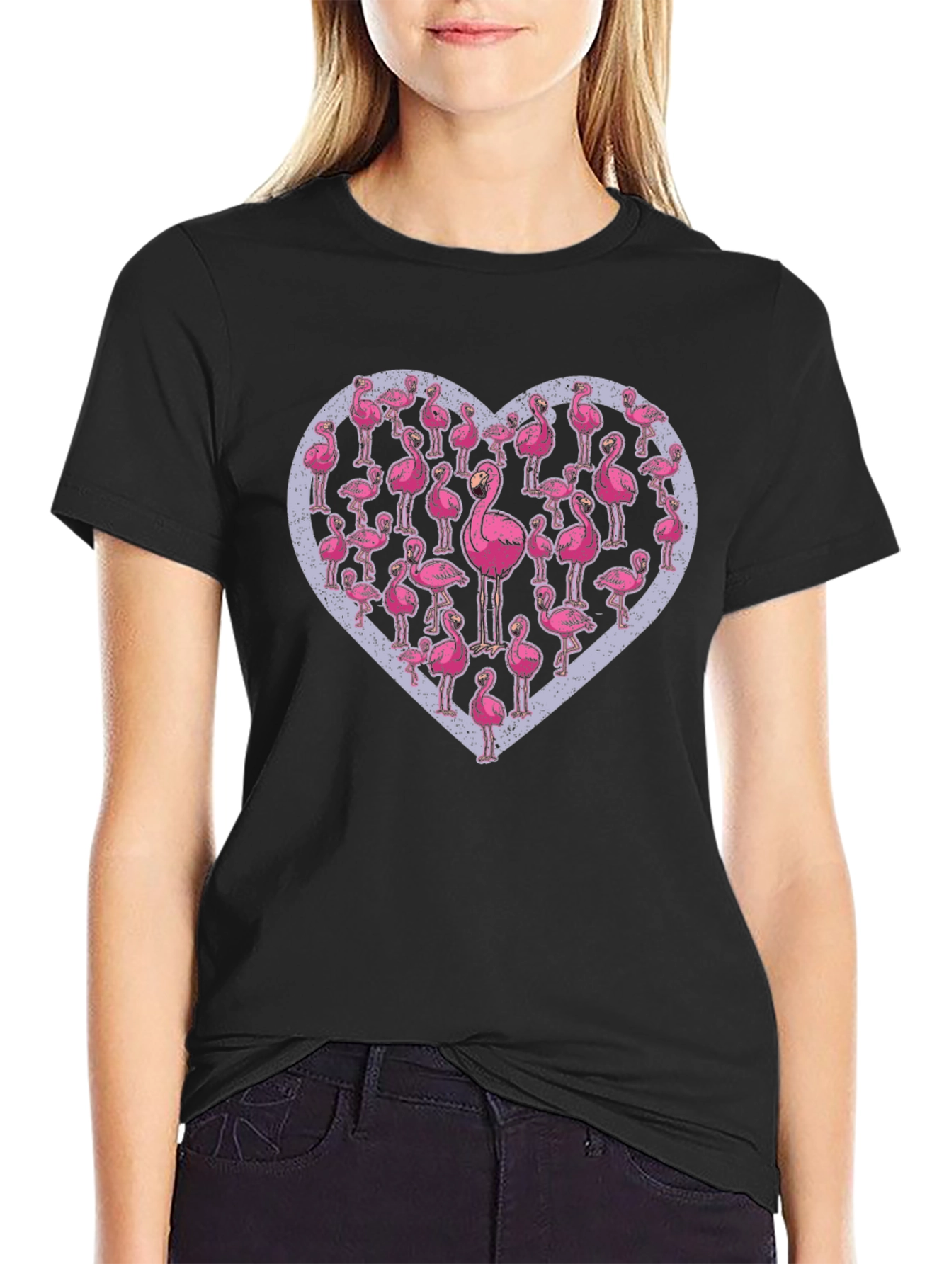 Flamingo Heart Graphic Tee - Casual Black T-Shirt