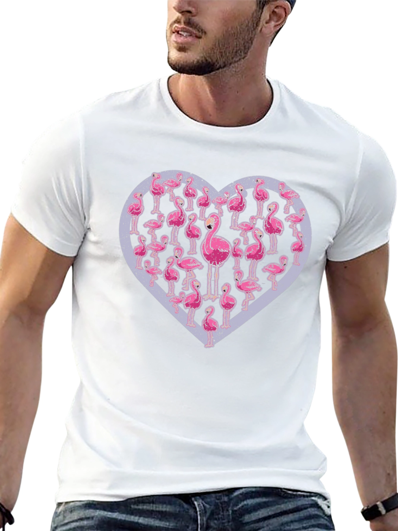 Flamingo Heart Graphic Tee - Casual Black T-Shirt
