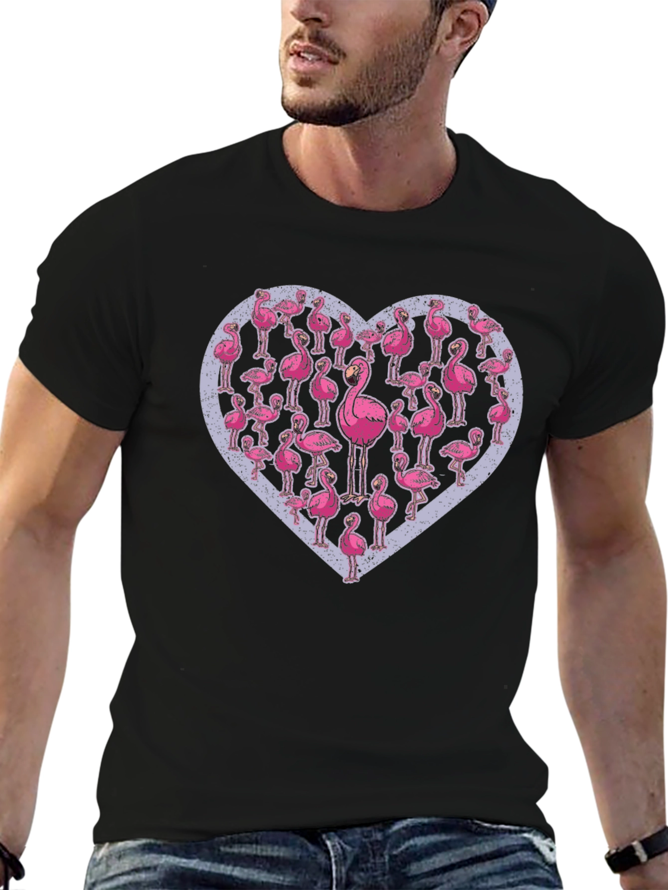 Flamingo Heart Graphic Tee - Casual Black T-Shirt