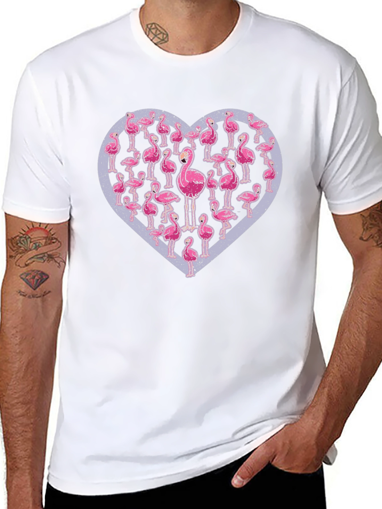 Flamingo Heart Graphic Tee - Casual Black T-Shirt